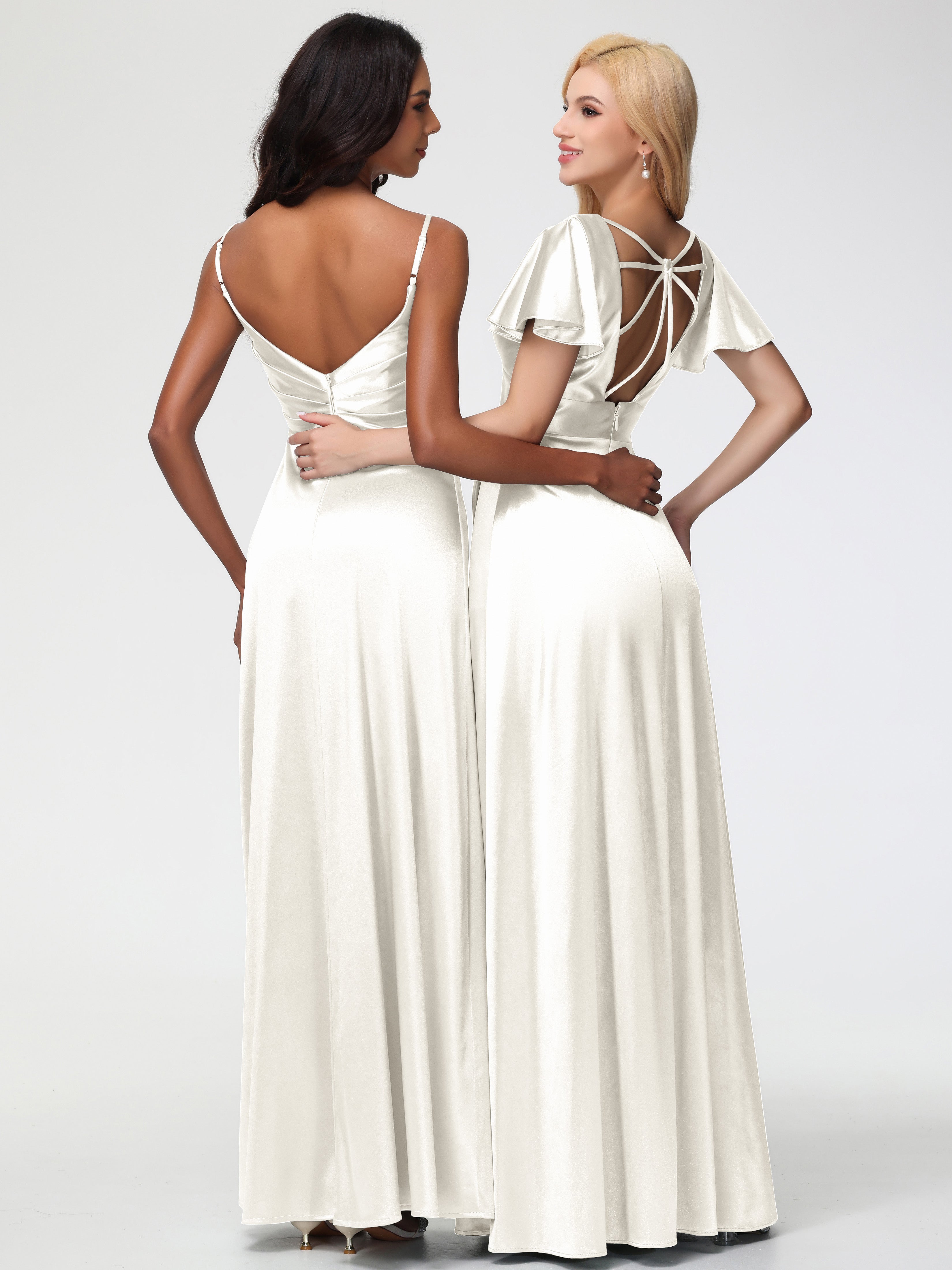 Robe Ivoire Demoiselle D Honneur Col V Satin Extensible Fendue Robe De Demoiselle D'Honneur Longue Plissée