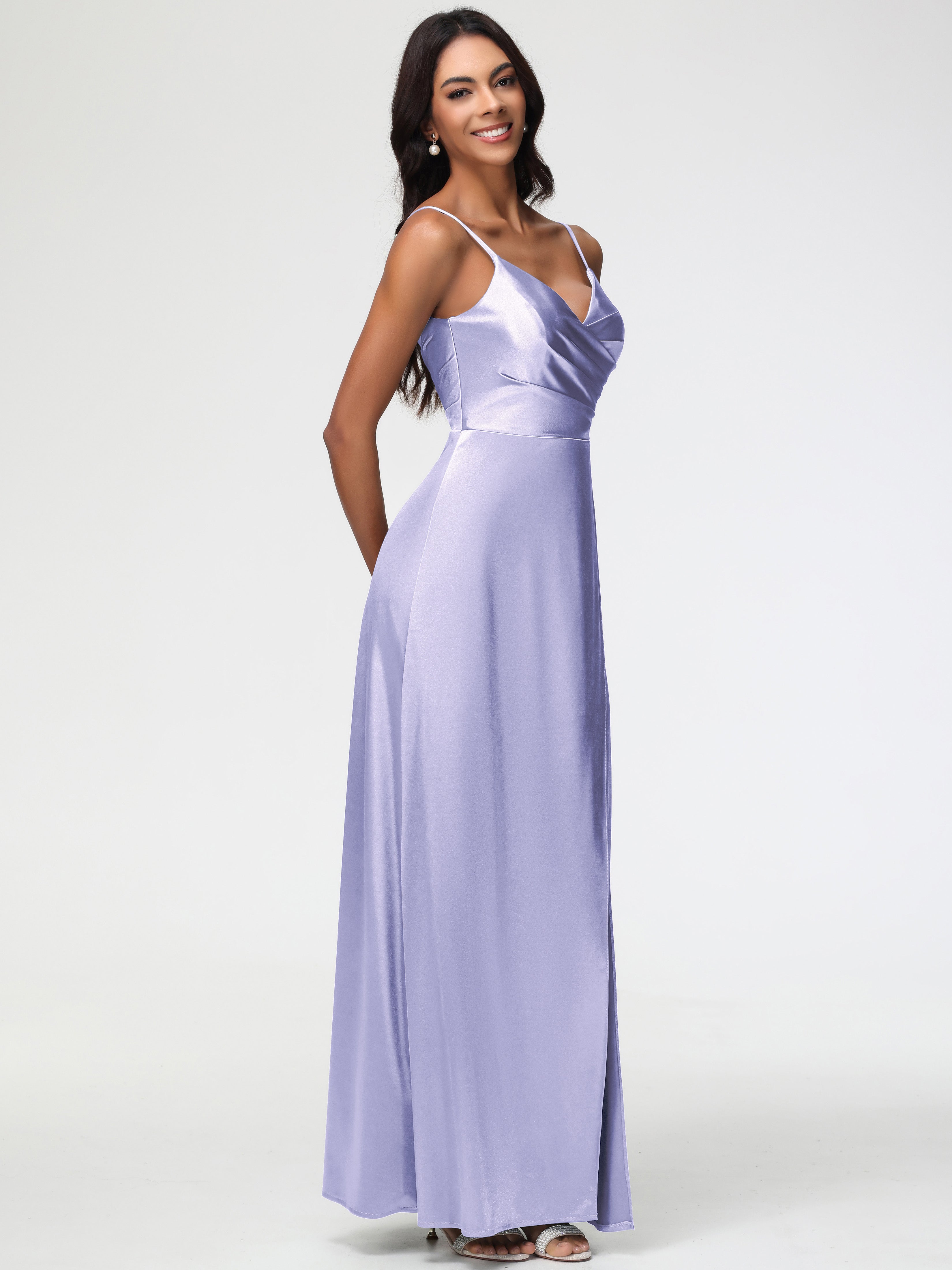 Robe Lavande Demoiselle D Honneur Col V Satin Extensible Fendue Robe De Demoiselle D'Honneur Longue Plissée