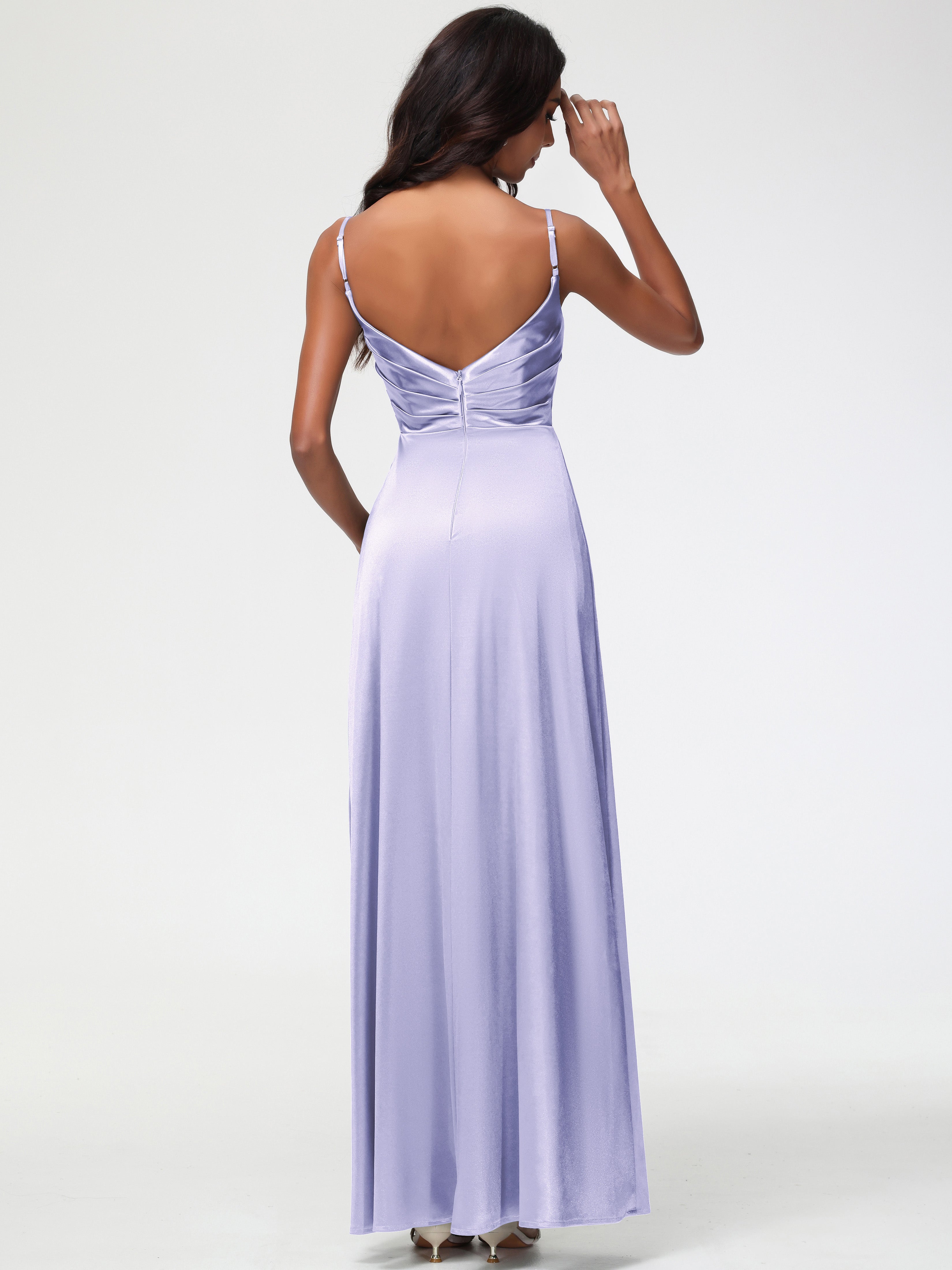 Robe Lavande Demoiselle D Honneur Col V Satin Extensible Fendue Robe De Demoiselle D'Honneur Longue Plissée