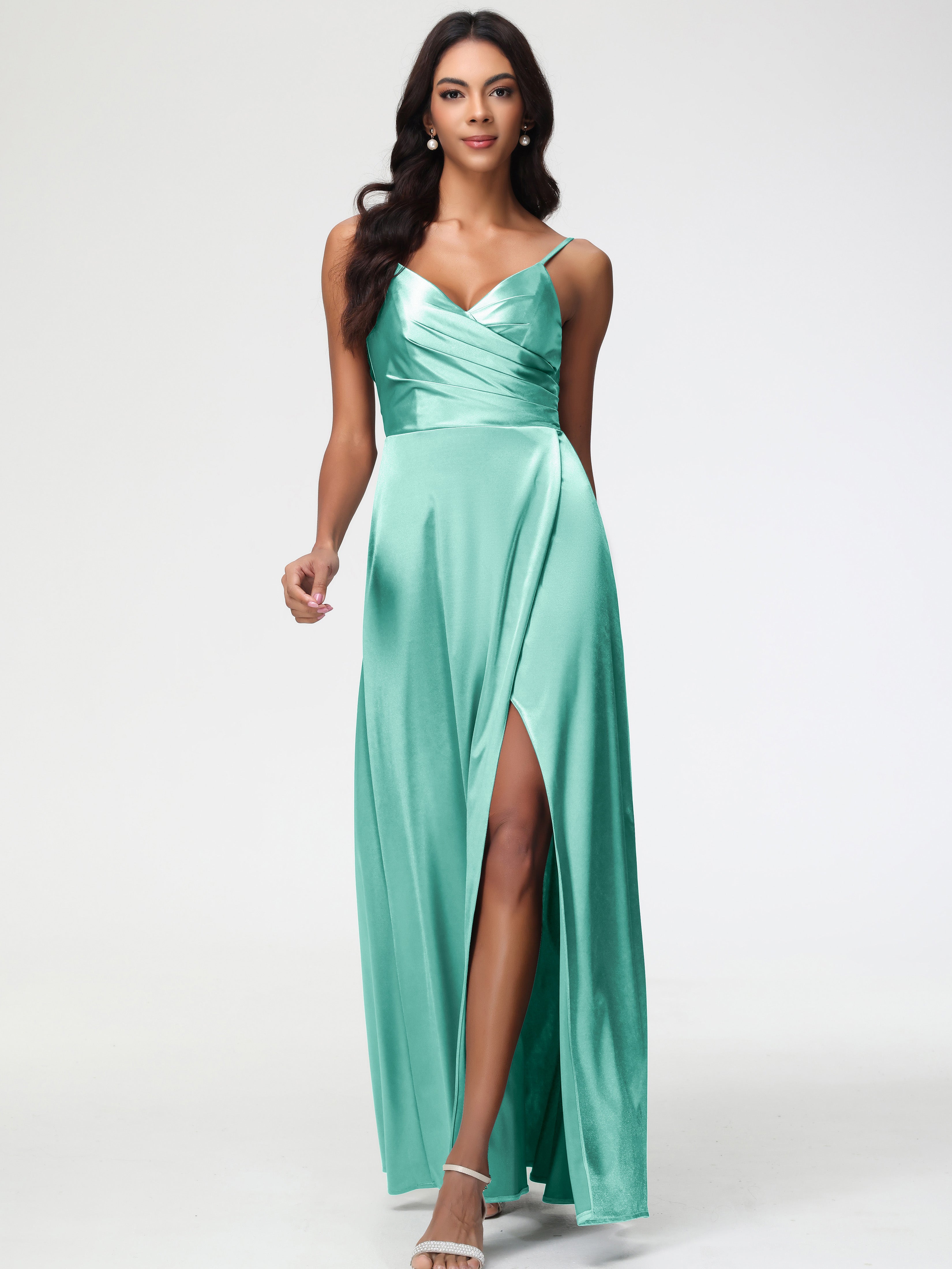 Robe Vert Menthe Demoiselle D Honneur Col V Satin Extensible Robe De Demoiselle D'Honneur Longue Plissée