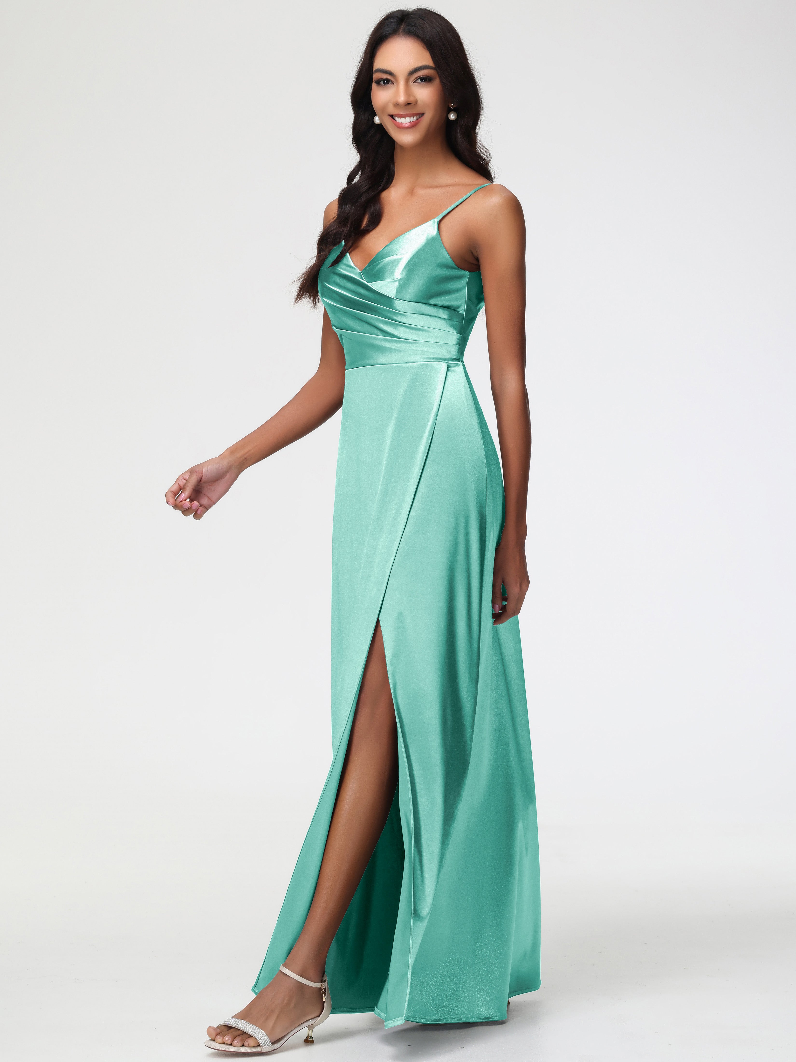 Robe Vert Menthe Demoiselle D Honneur Col V Satin Extensible Robe De Demoiselle D'Honneur Longue Plissée