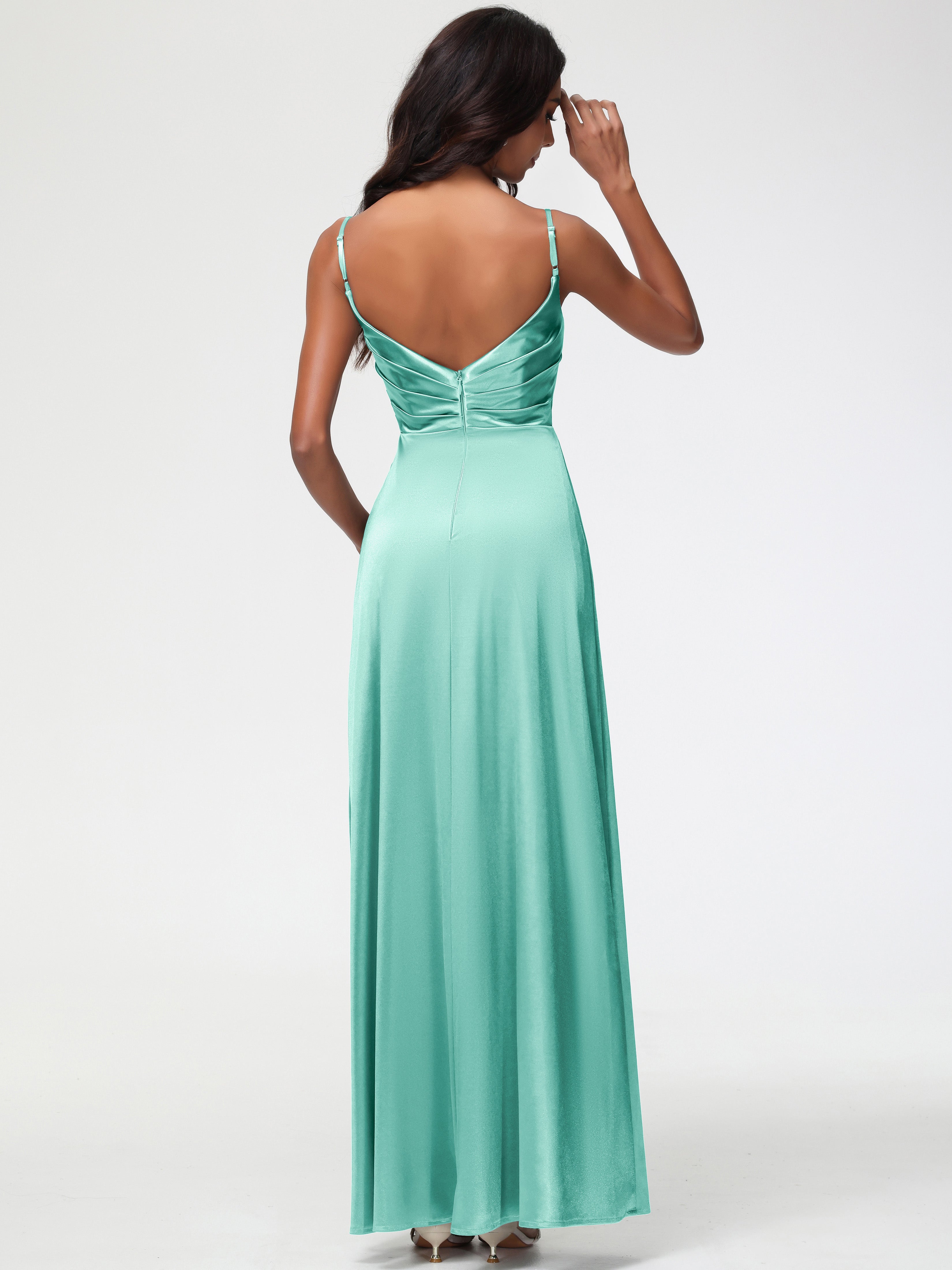 Robe Vert Menthe Demoiselle D Honneur Col V Satin Extensible Robe De Demoiselle D'Honneur Longue Plissée