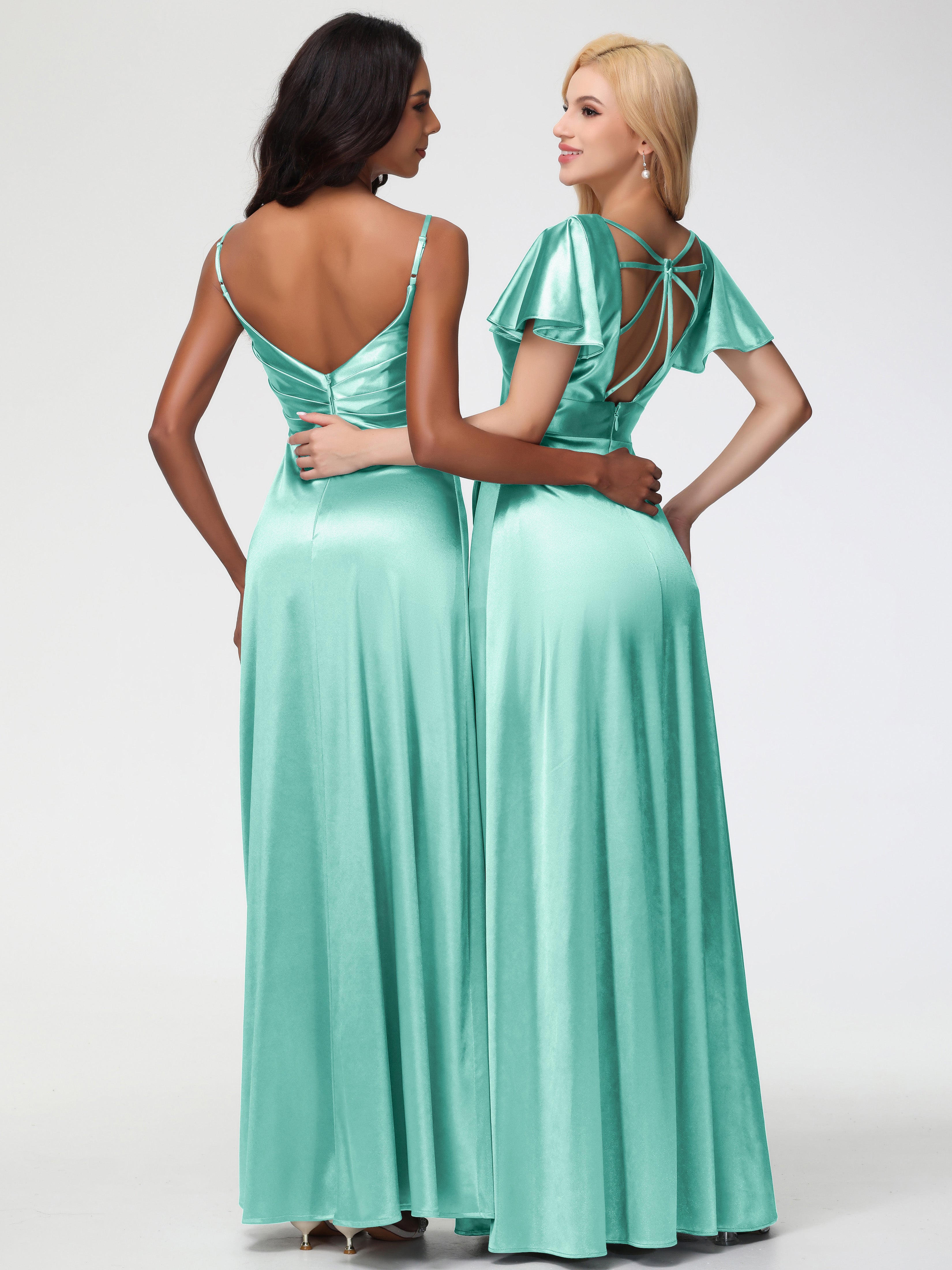 Robe Vert Menthe Demoiselle D Honneur Col V Satin Extensible Robe De Demoiselle D'Honneur Longue Plissée