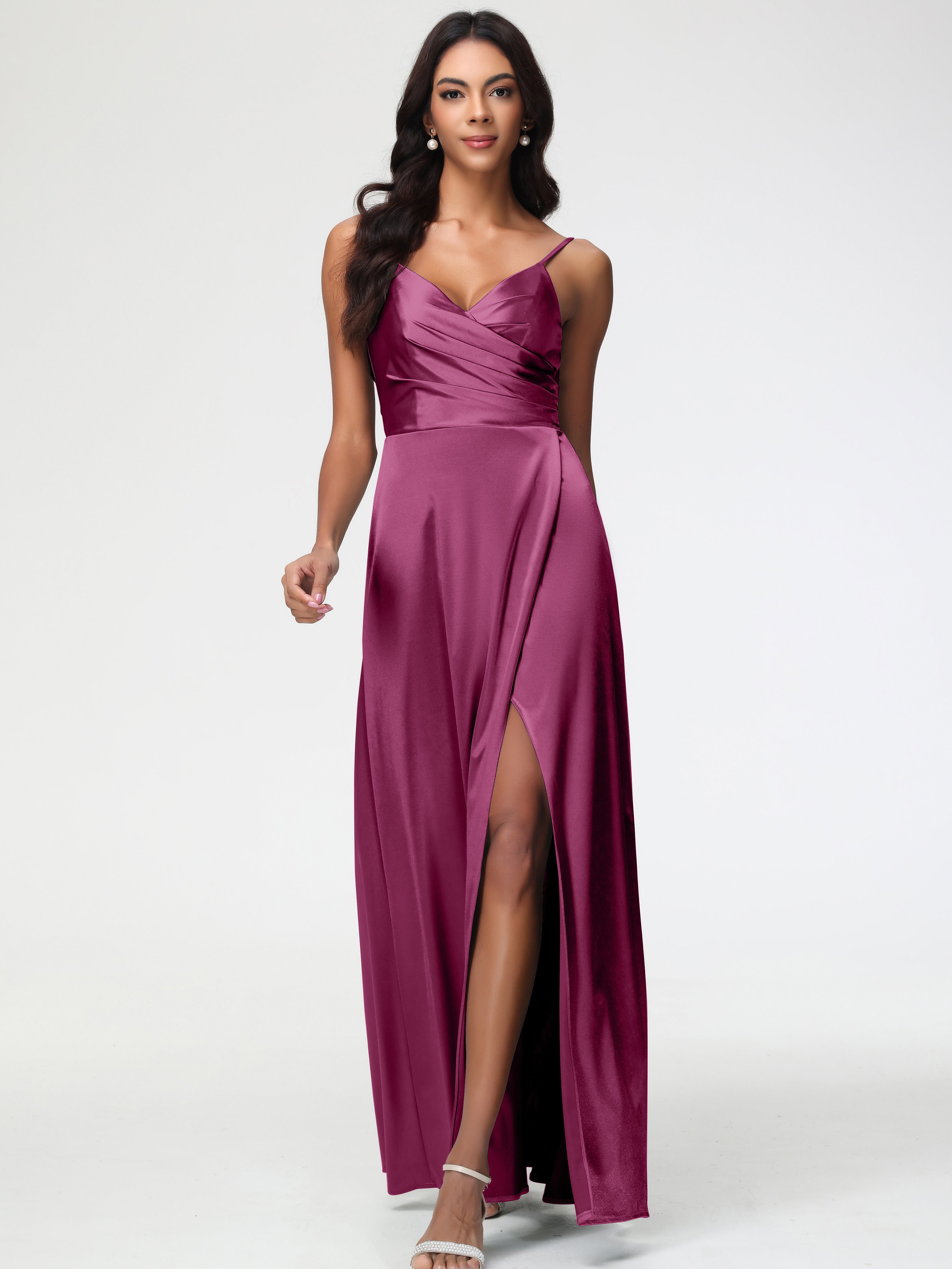 Robes De Demoiselle D'Honneur Mure Col V Satin Extensible Fendue Robe De Demoiselle D'Honneur Longue Plissée