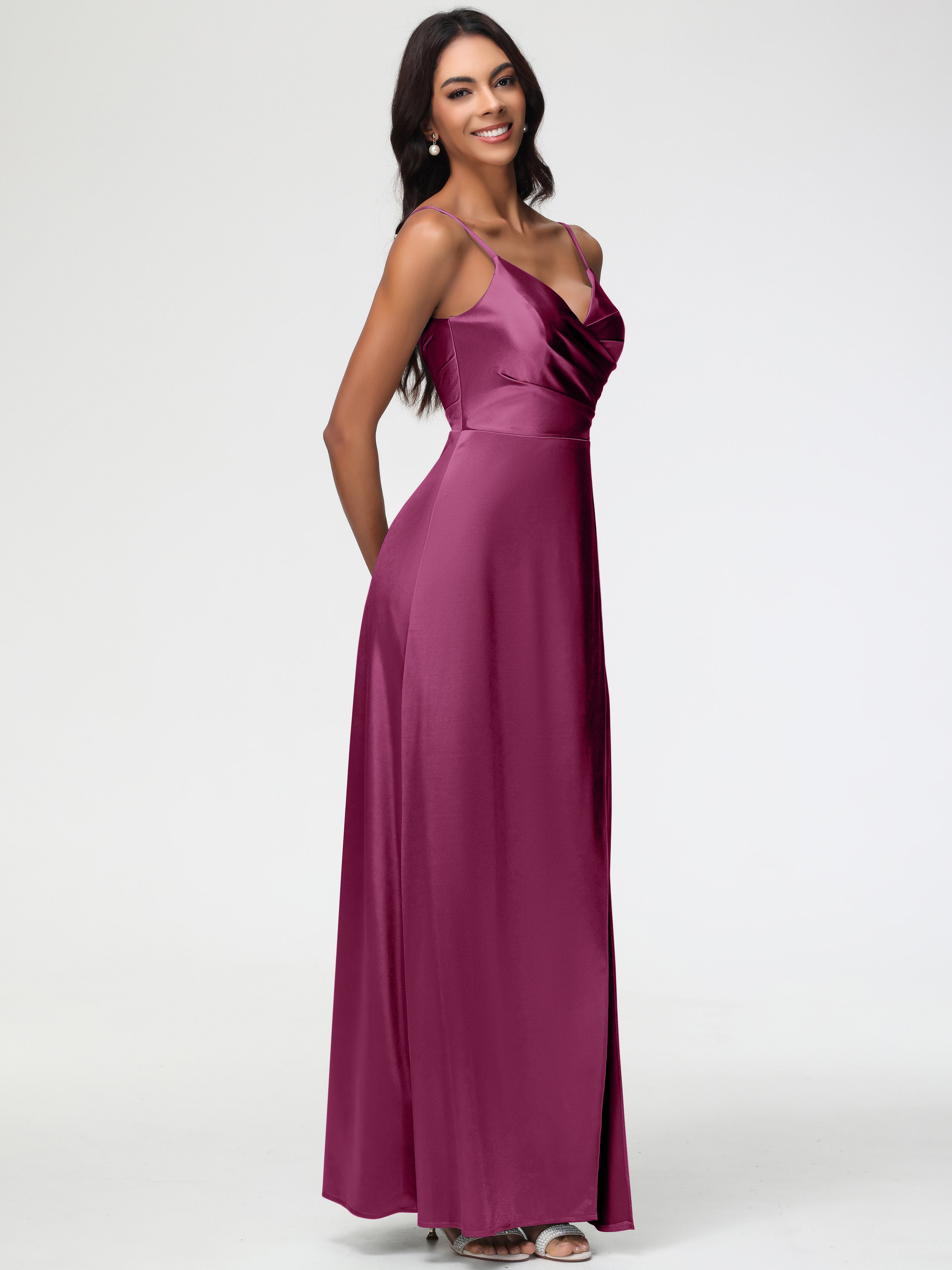 Robes De Demoiselle D'Honneur Mure Col V Satin Extensible Fendue Robe De Demoiselle D'Honneur Longue Plissée