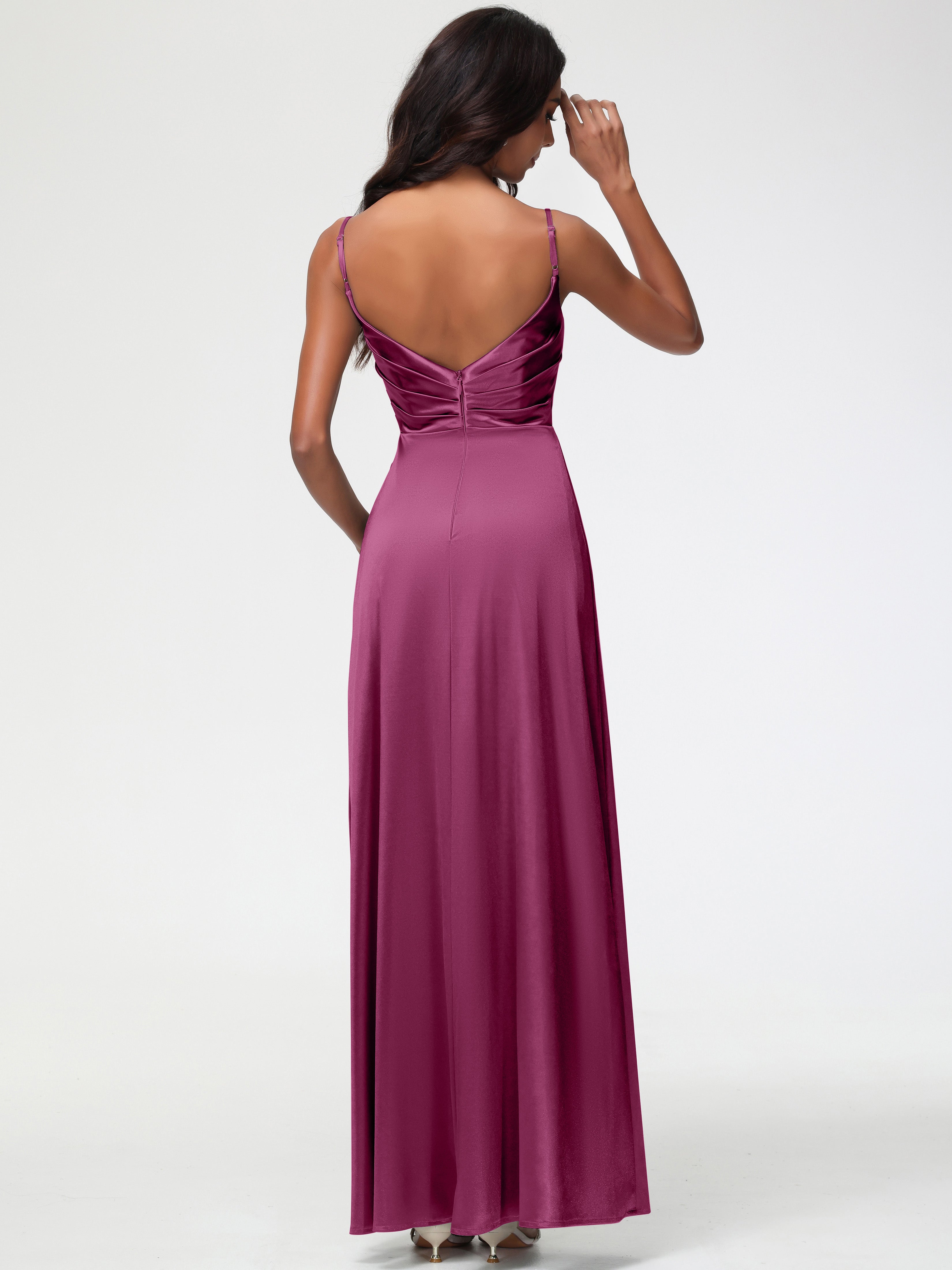 Robes De Demoiselle D'Honneur Mure Col V Satin Extensible Fendue Robe De Demoiselle D'Honneur Longue Plissée