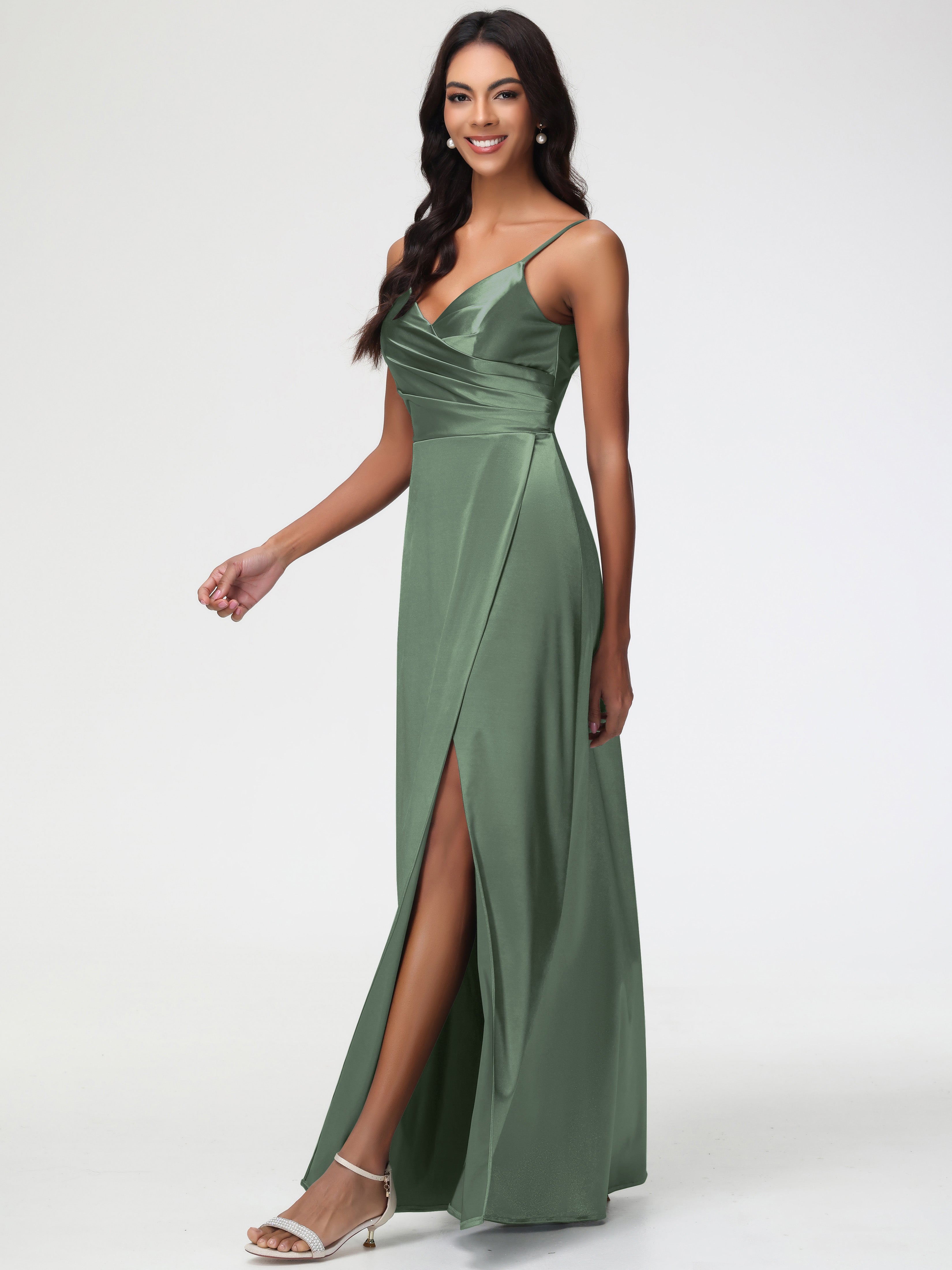 Robe Vert Olive Demoiselle D Honneur Satin Extensible Col V Robe De Demoiselle D'Honneur Longue Plissée