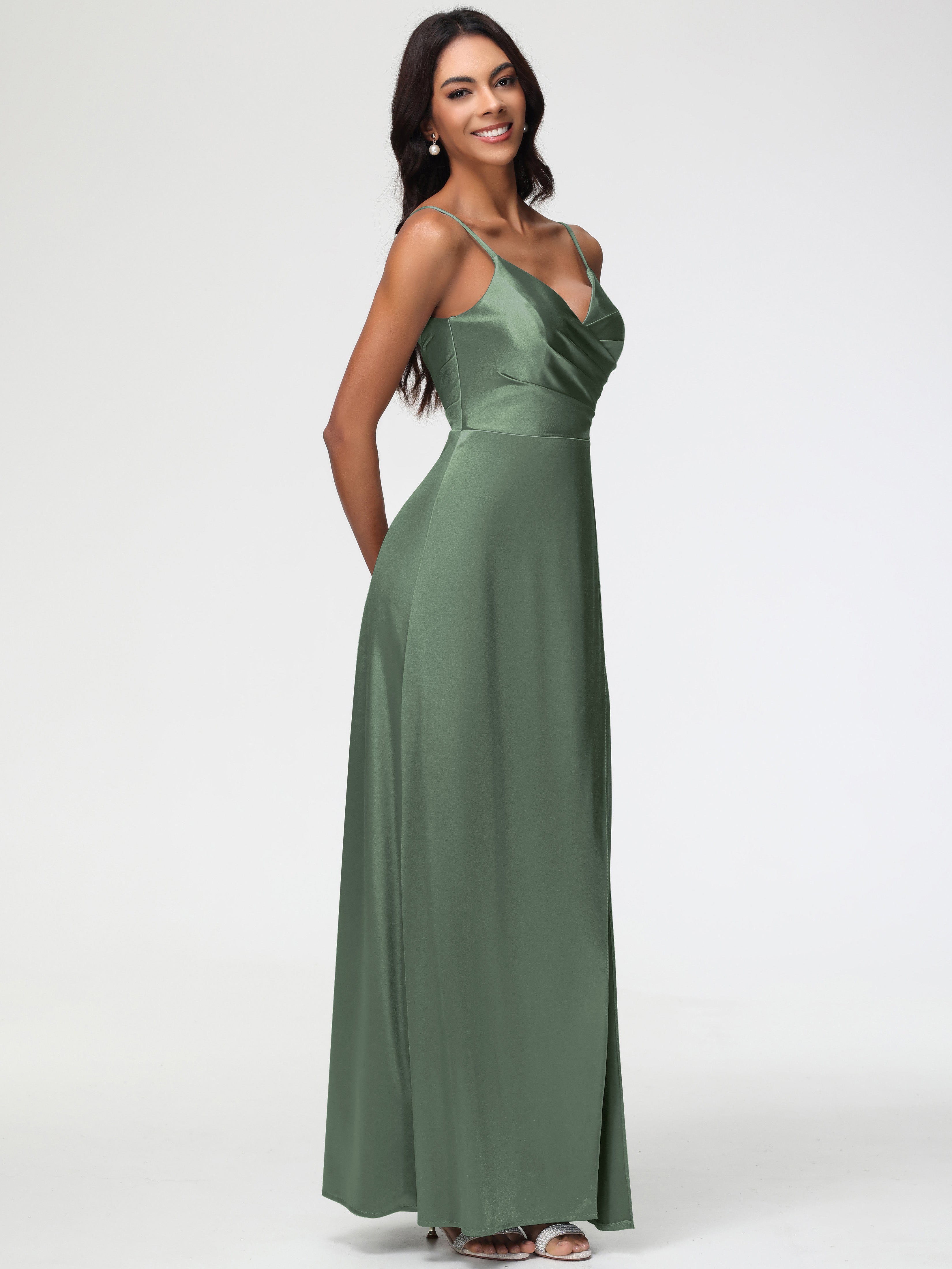 Robe Vert Olive Demoiselle D Honneur Satin Extensible Col V Robe De Demoiselle D'Honneur Longue Plissée