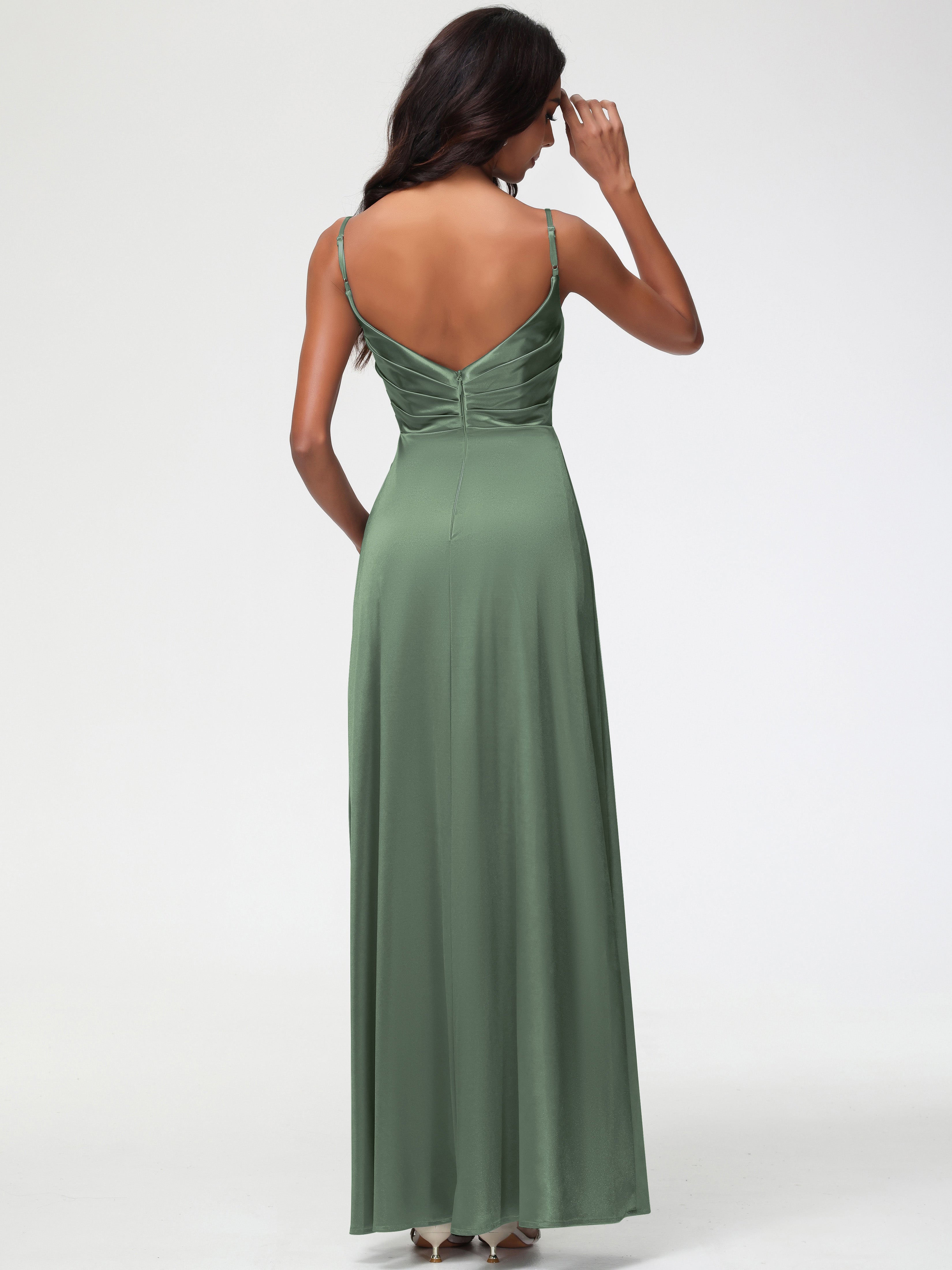 Robe Vert Olive Demoiselle D Honneur Satin Extensible Col V Robe De Demoiselle D'Honneur Longue Plissée