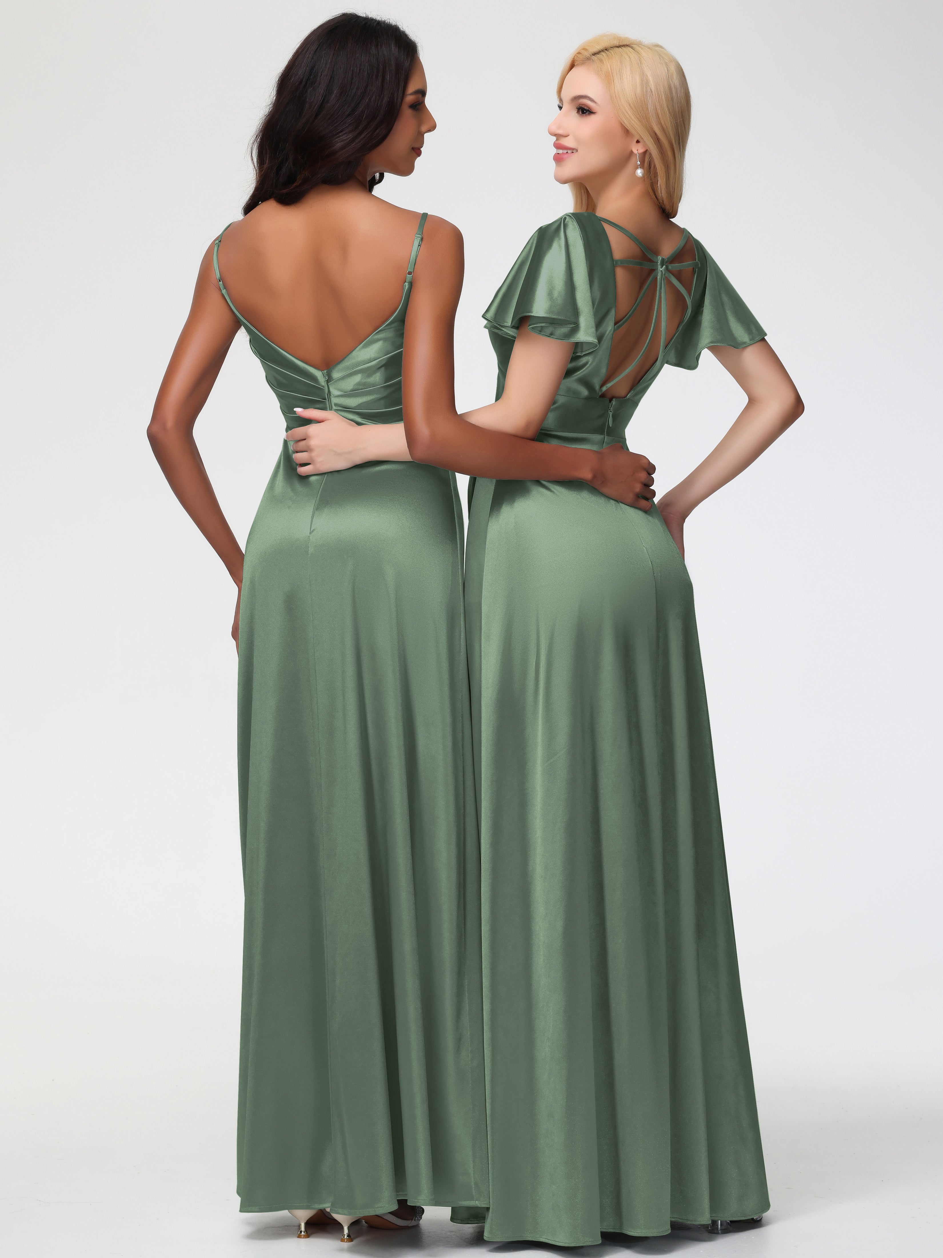 Robe Vert Olive Demoiselle D Honneur Satin Extensible Col V Robe De Demoiselle D'Honneur Longue Plissée
