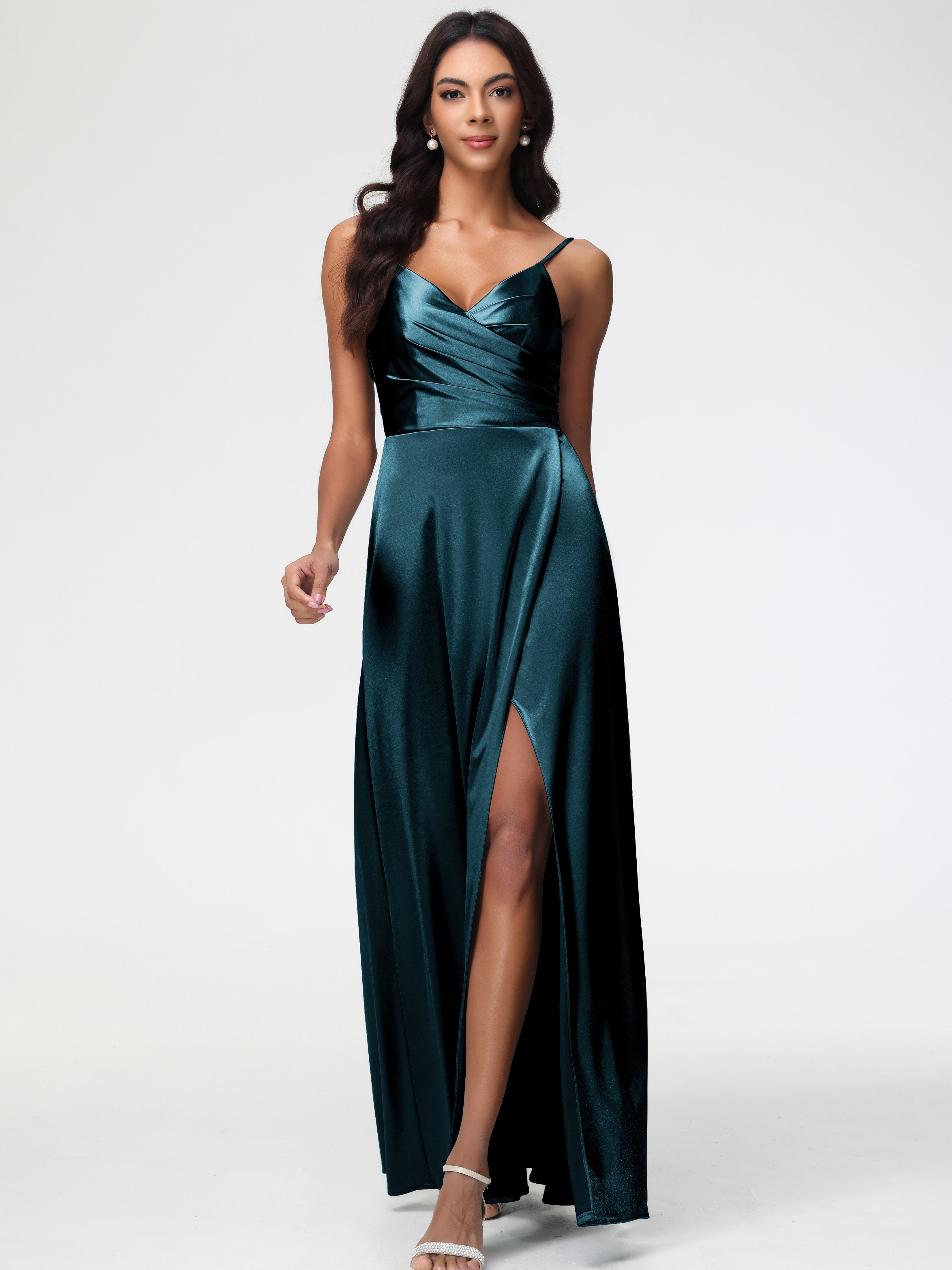 Robes De Demoiselle D'Honneur Couleur Paon Col V Satin Extensible Fendue Robe De Demoiselle D'Honneur Longue Plissée