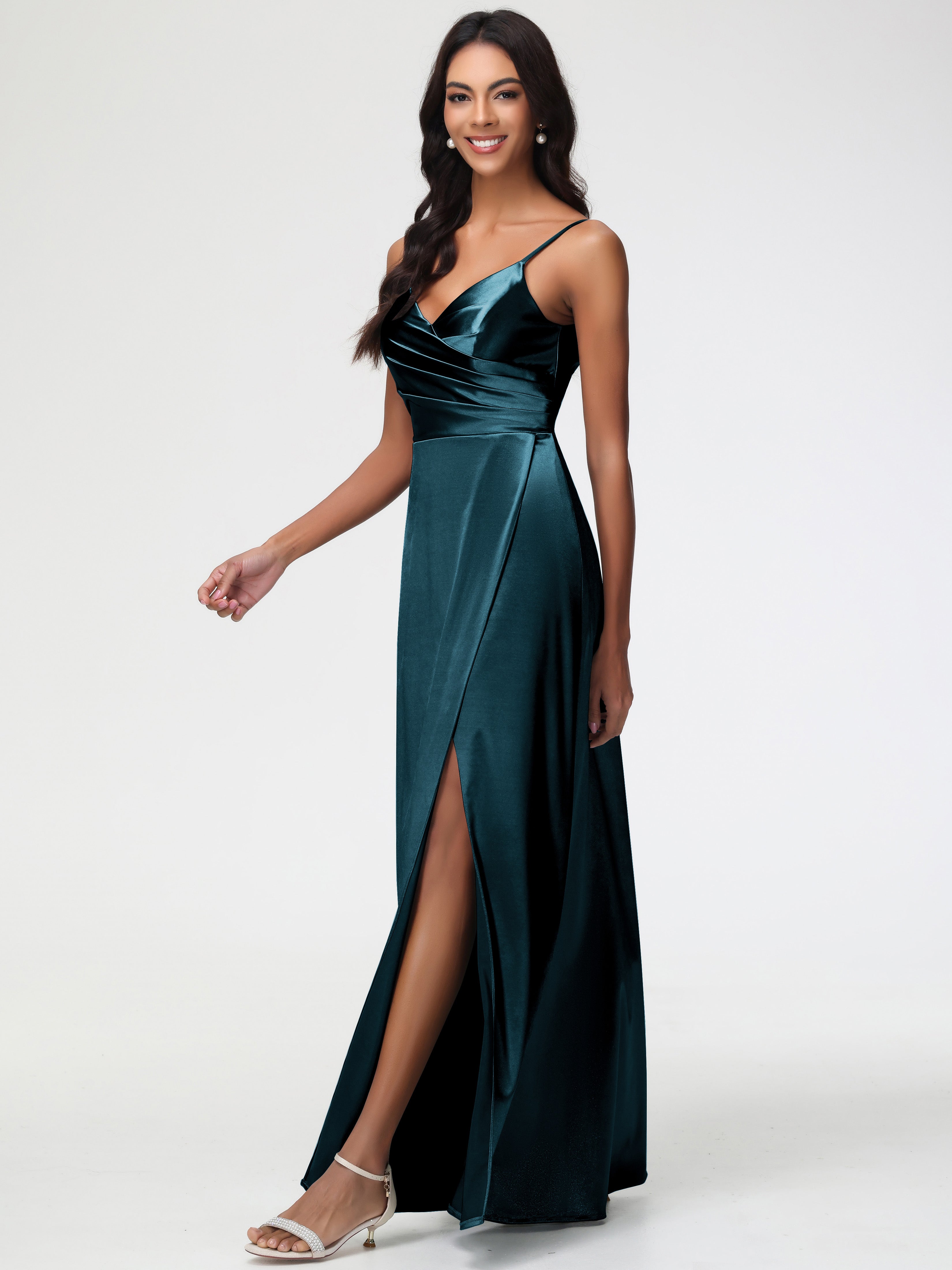 Robes De Demoiselle D'Honneur Couleur Paon Col V Satin Extensible Fendue Robe De Demoiselle D'Honneur Longue Plissée