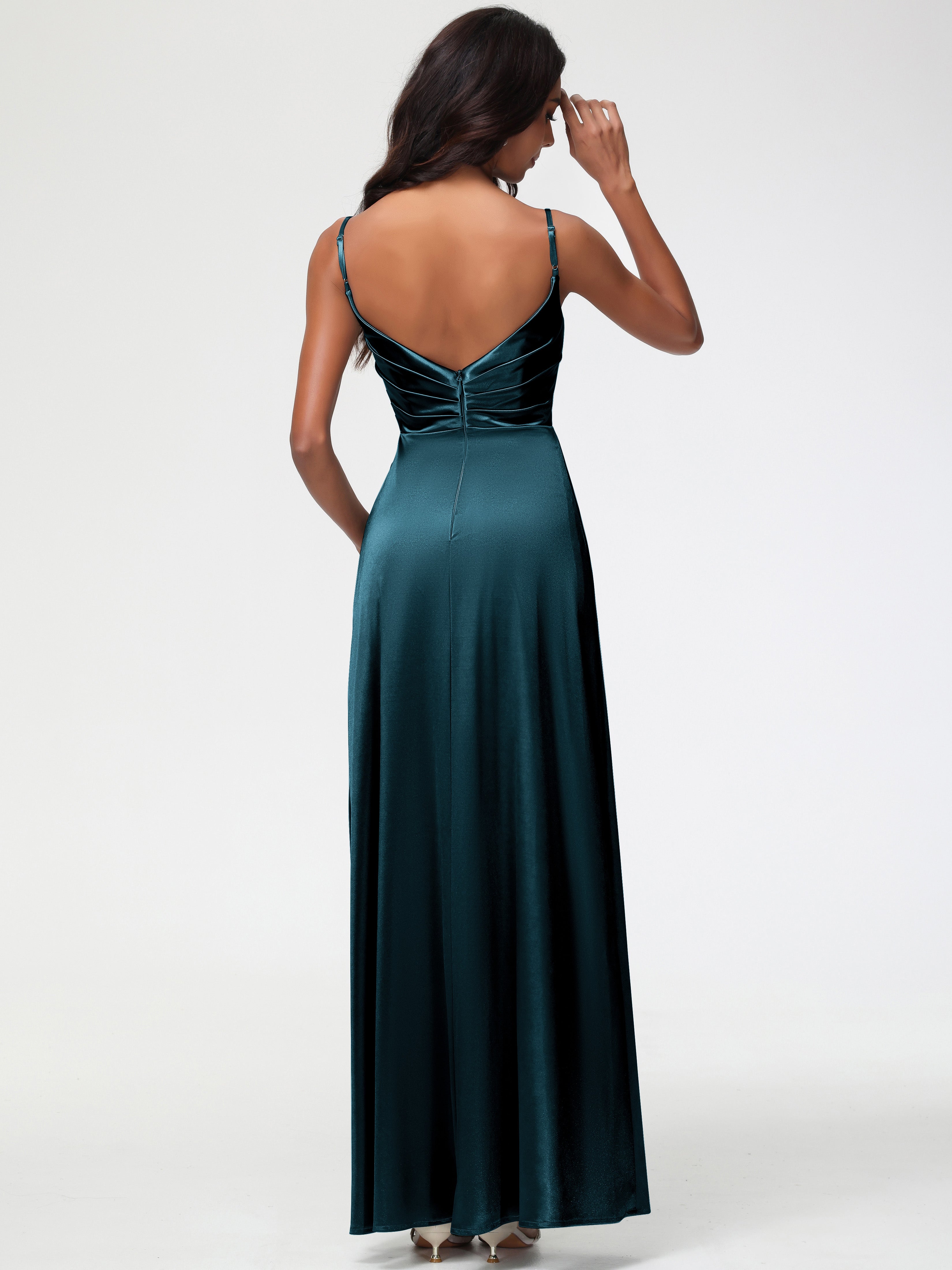 Robes De Demoiselle D'Honneur Couleur Paon Col V Satin Extensible Fendue Robe De Demoiselle D'Honneur Longue Plissée