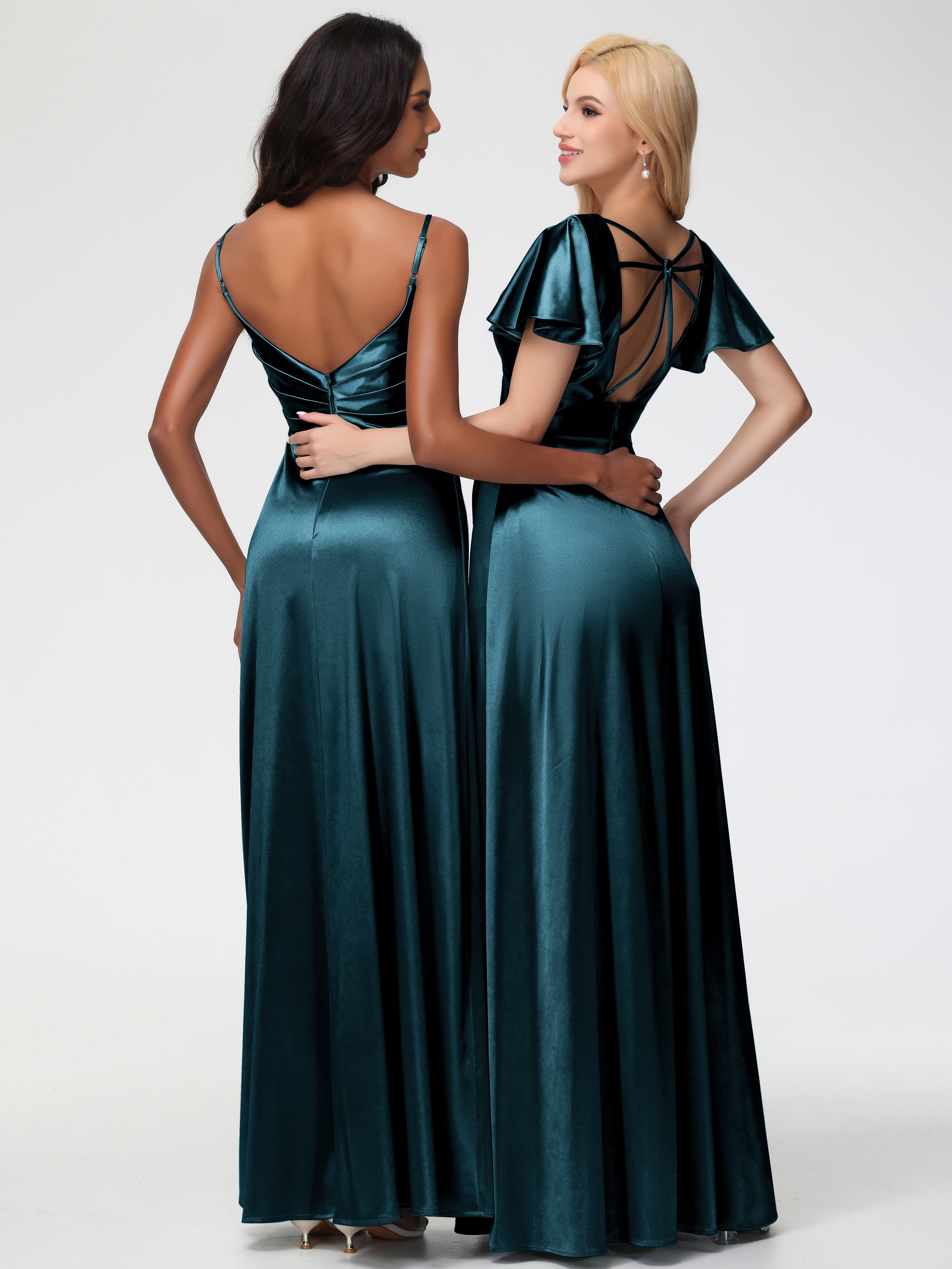 Robes De Demoiselle D'Honneur Couleur Paon Col V Satin Extensible Fendue Robe De Demoiselle D'Honneur Longue Plissée