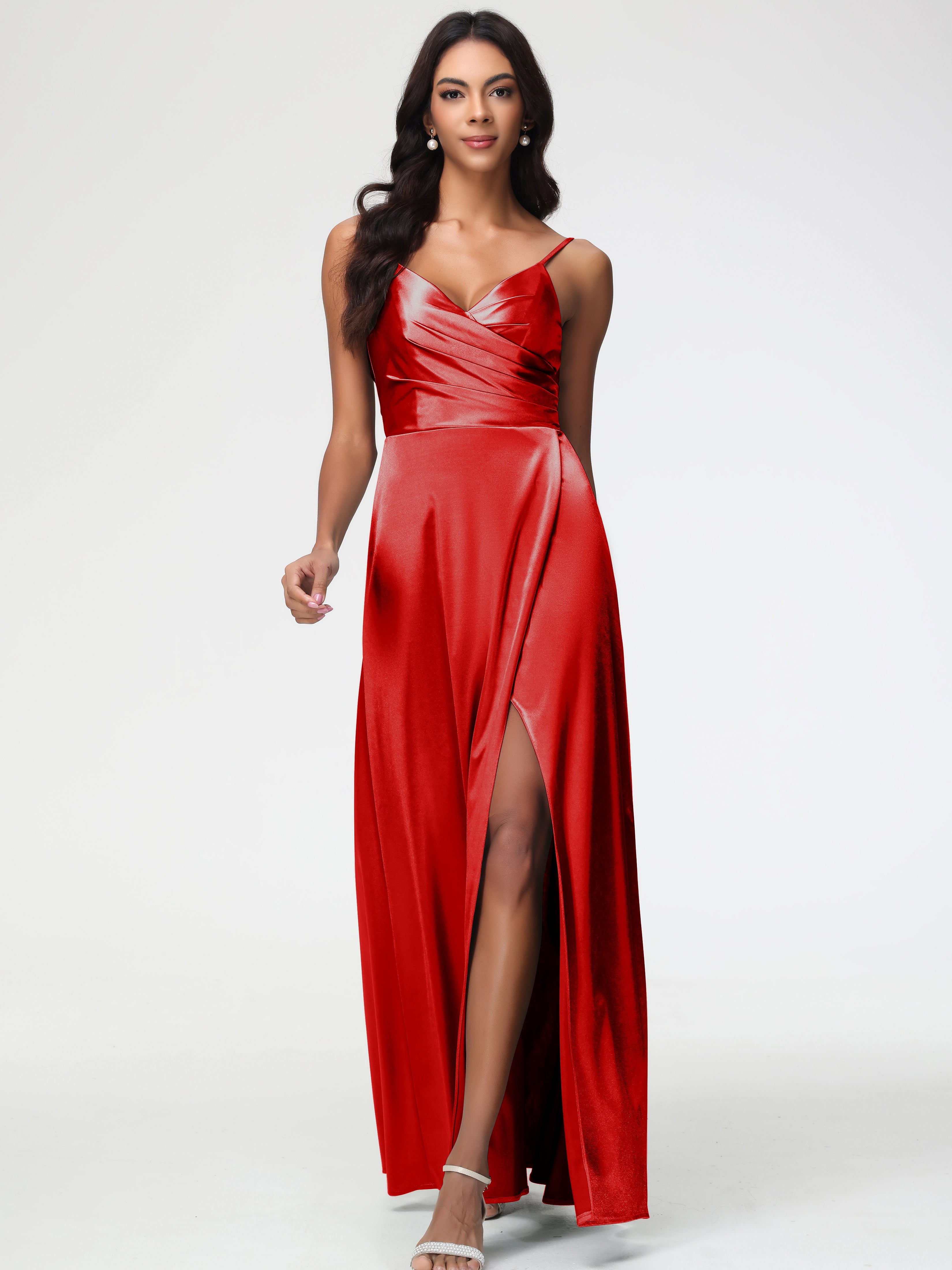 Robe Rouge Demoiselle D Honneur Col V Satin Extensible Fendue Robe De Demoiselle D'Honneur Longue Plissée