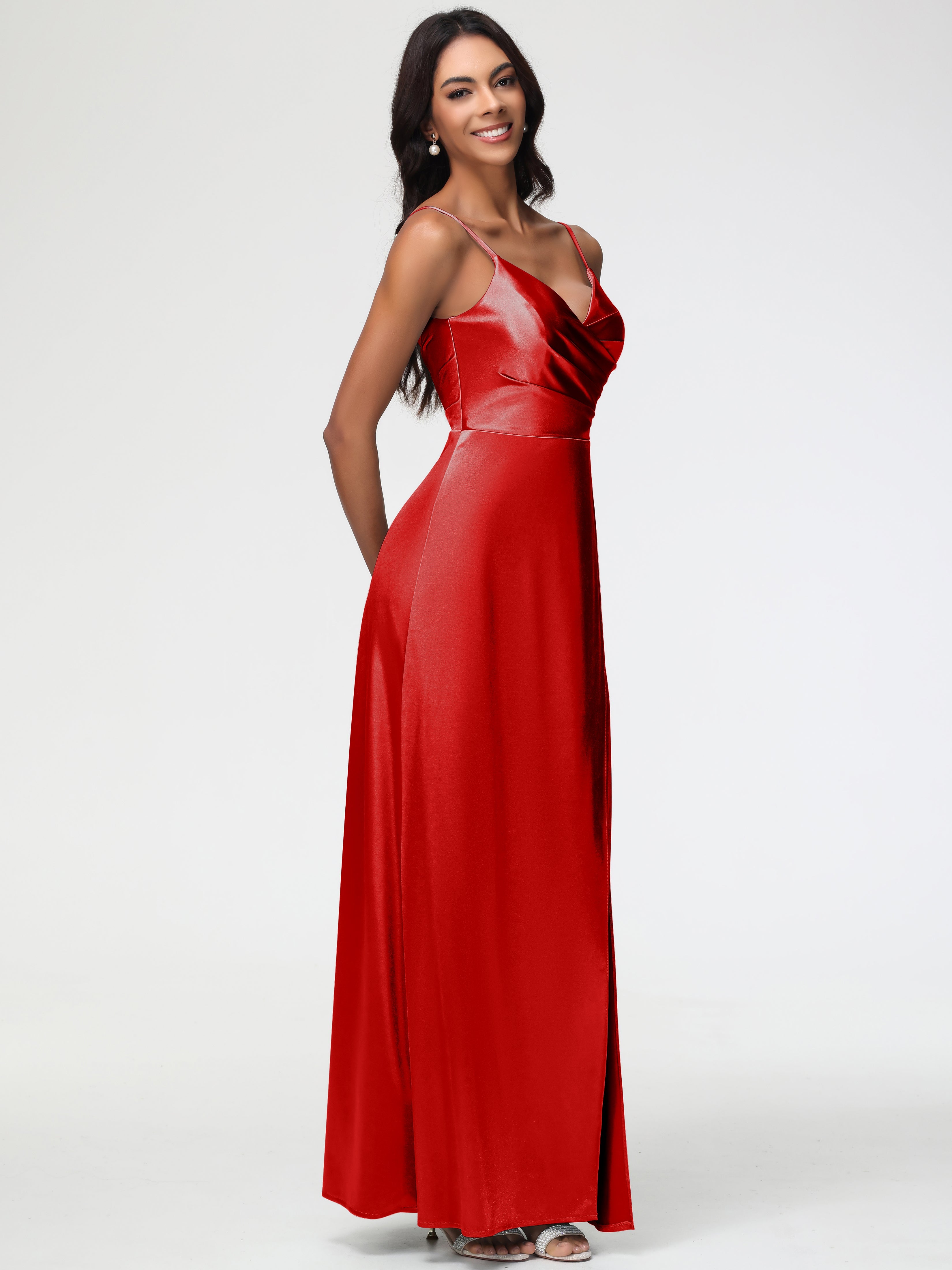 Robe Rouge Demoiselle D Honneur Col V Satin Extensible Fendue Robe De Demoiselle D'Honneur Longue Plissée