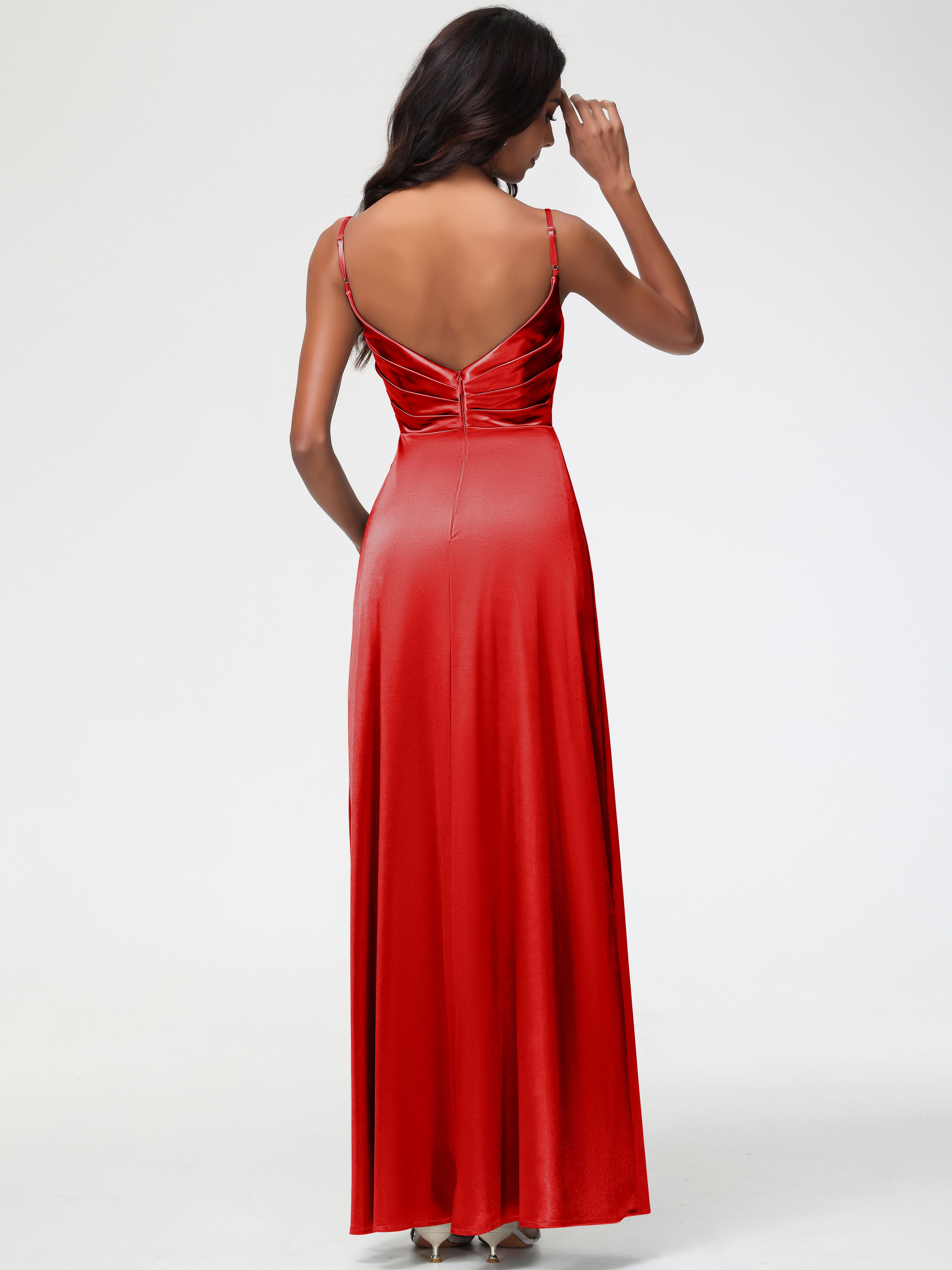 Robe Rouge Demoiselle D Honneur Col V Satin Extensible Fendue Robe De Demoiselle D'Honneur Longue Plissée