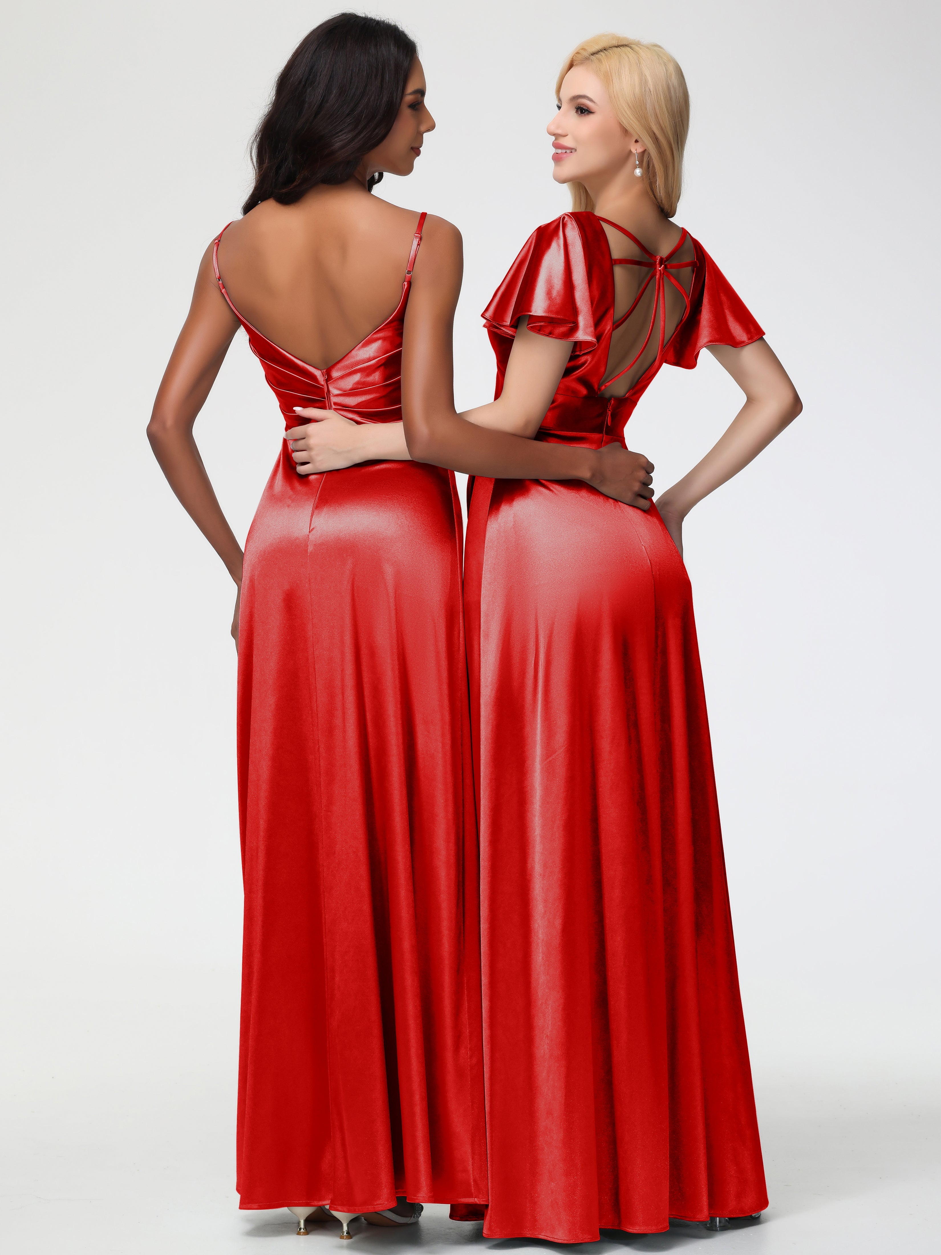 Robe Rouge Demoiselle D Honneur Col V Satin Extensible Fendue Robe De Demoiselle D'Honneur Longue Plissée