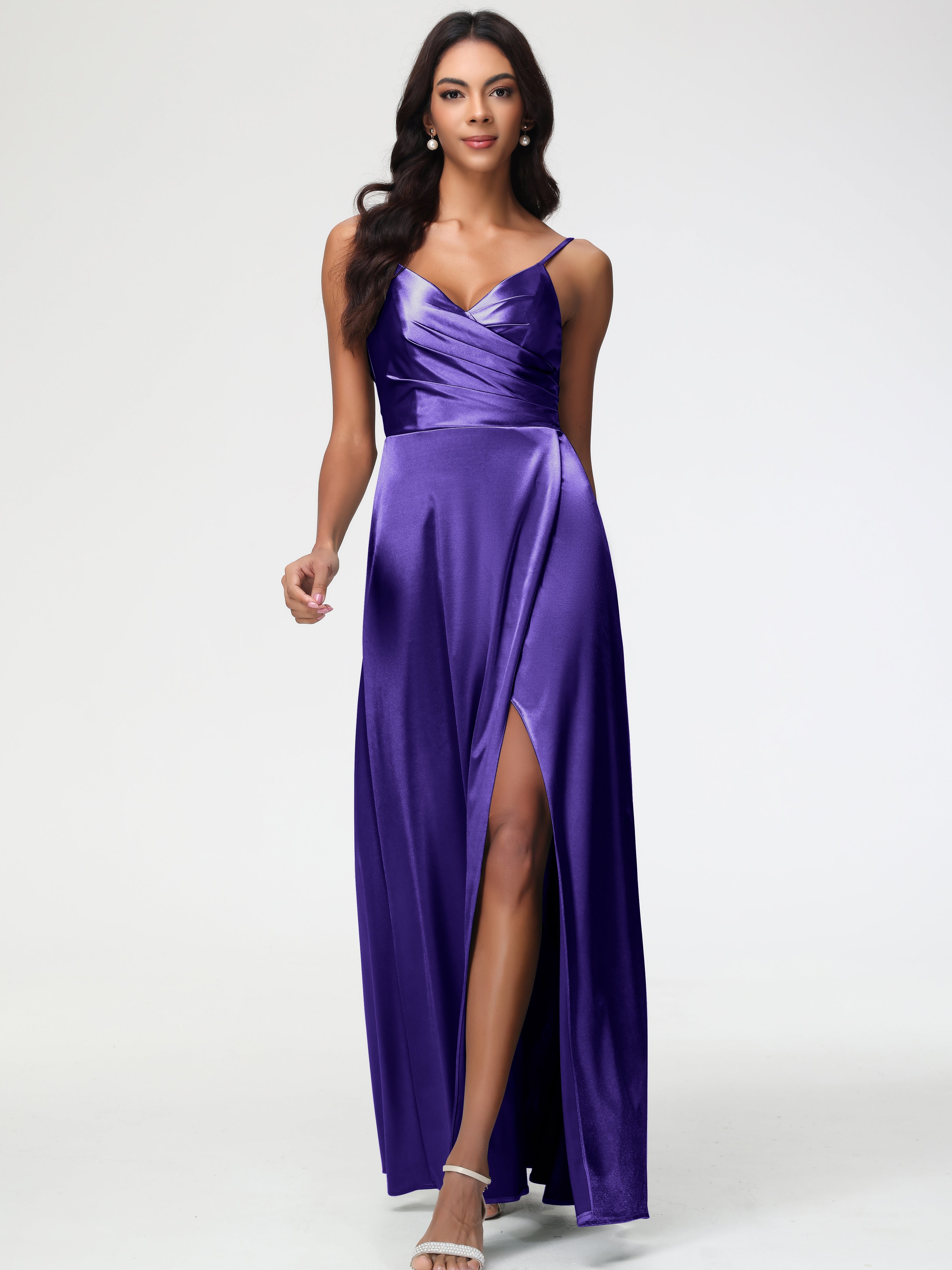 Robes De Demoiselle D'Honneur Régence Col V Satin Extensible Fendue Robe De Demoiselle D'Honneur Longue Plissée