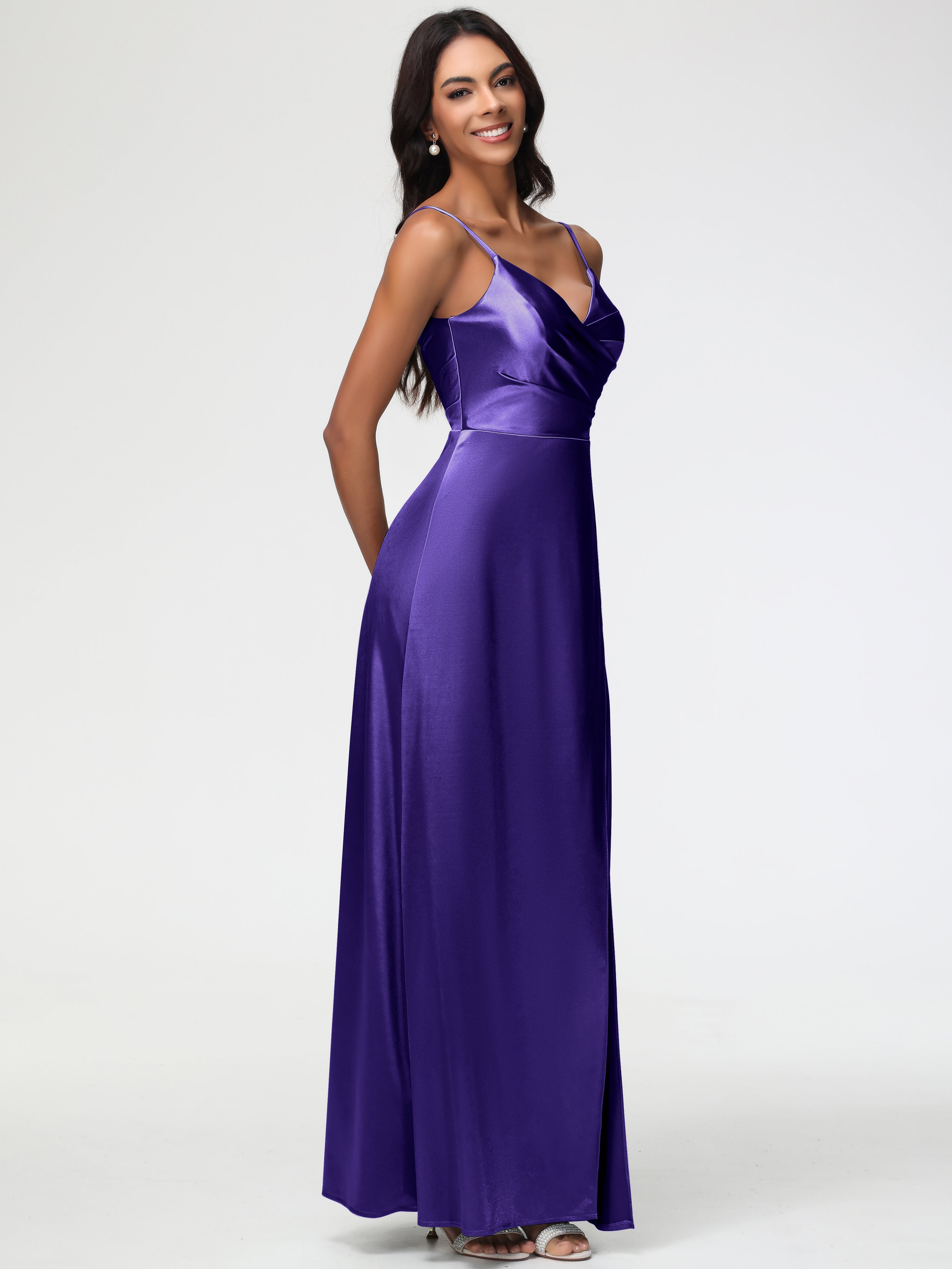 Robes De Demoiselle D'Honneur Régence Col V Satin Extensible Fendue Robe De Demoiselle D'Honneur Longue Plissée