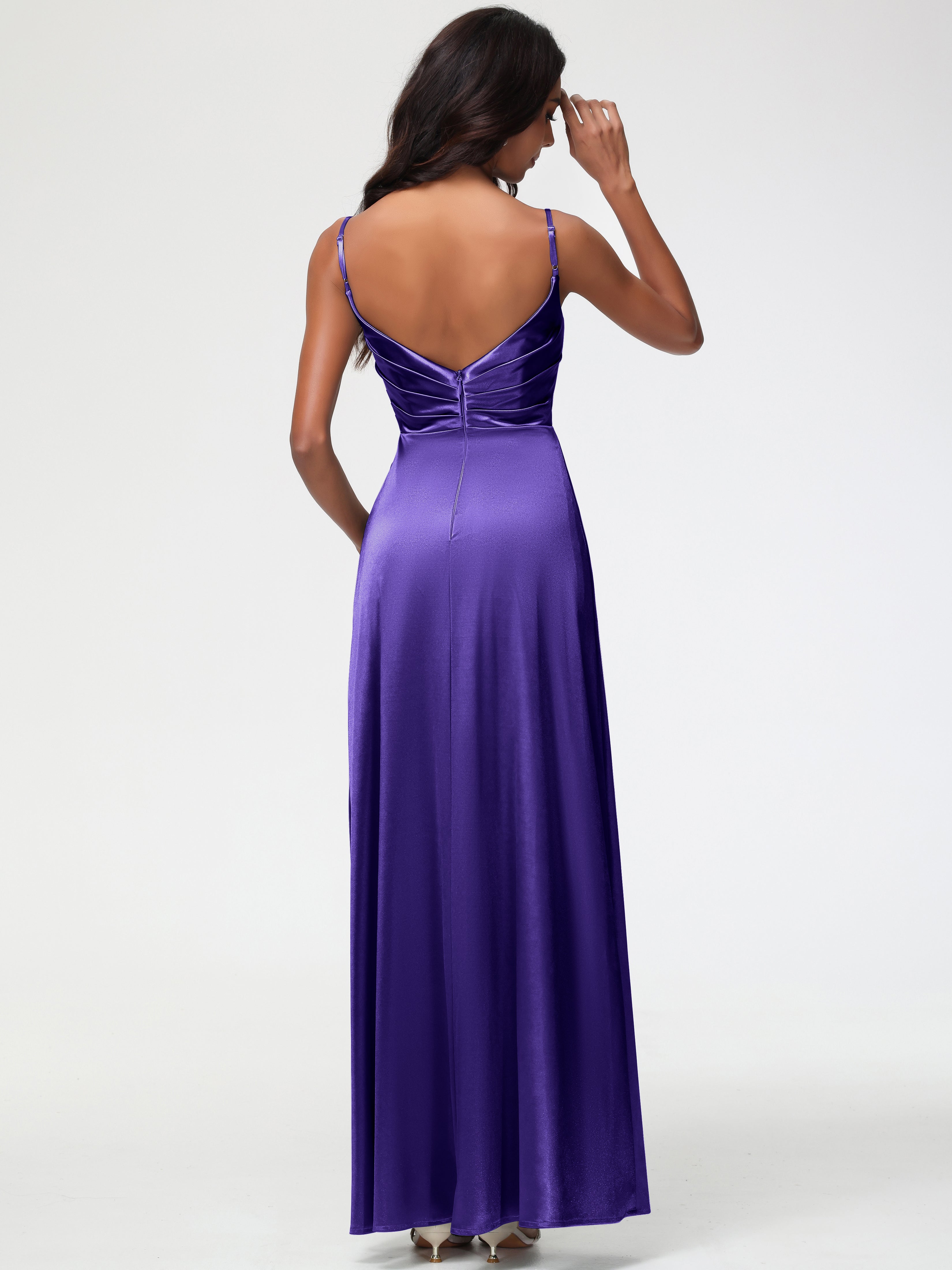 Robes De Demoiselle D'Honneur Régence Col V Satin Extensible Fendue Robe De Demoiselle D'Honneur Longue Plissée