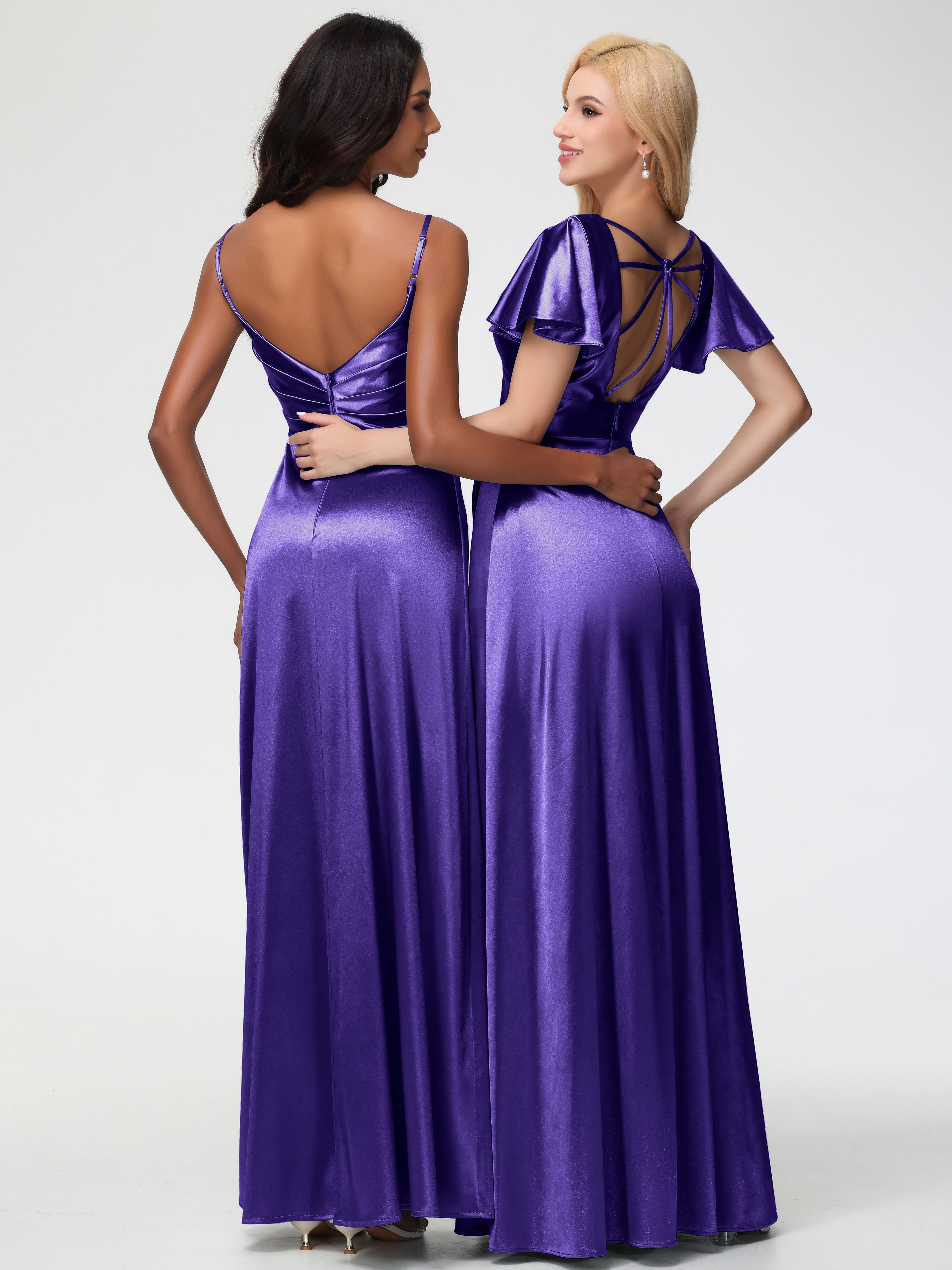 Robes De Demoiselle D'Honneur Régence Col V Satin Extensible Fendue Robe De Demoiselle D'Honneur Longue Plissée