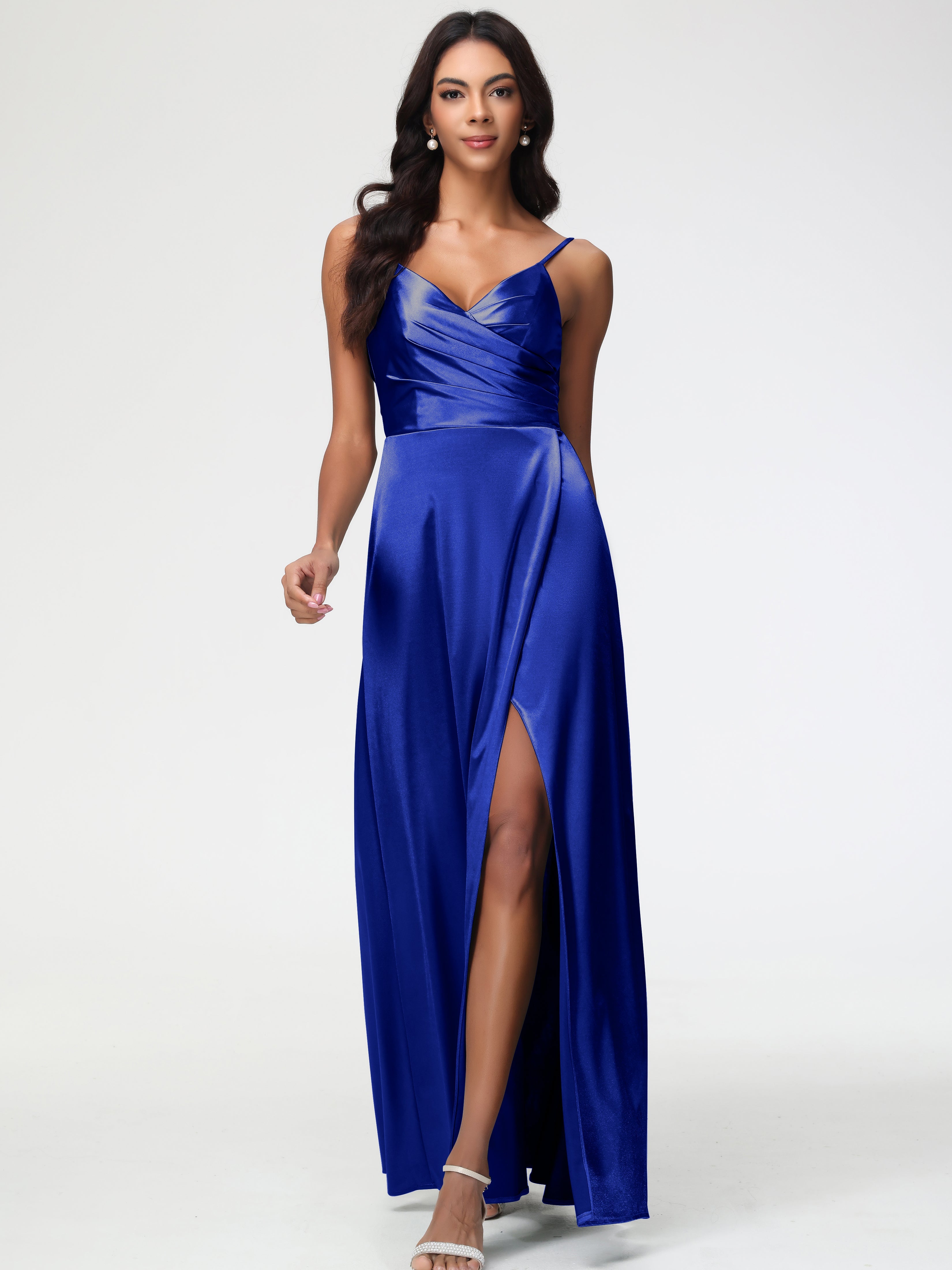 Bleu Royal Robe Demoiselle D Honneur Bleu Roi Col V Satin Extensible Fendue Robe De Demoiselle D'Honneur Longue Plissée