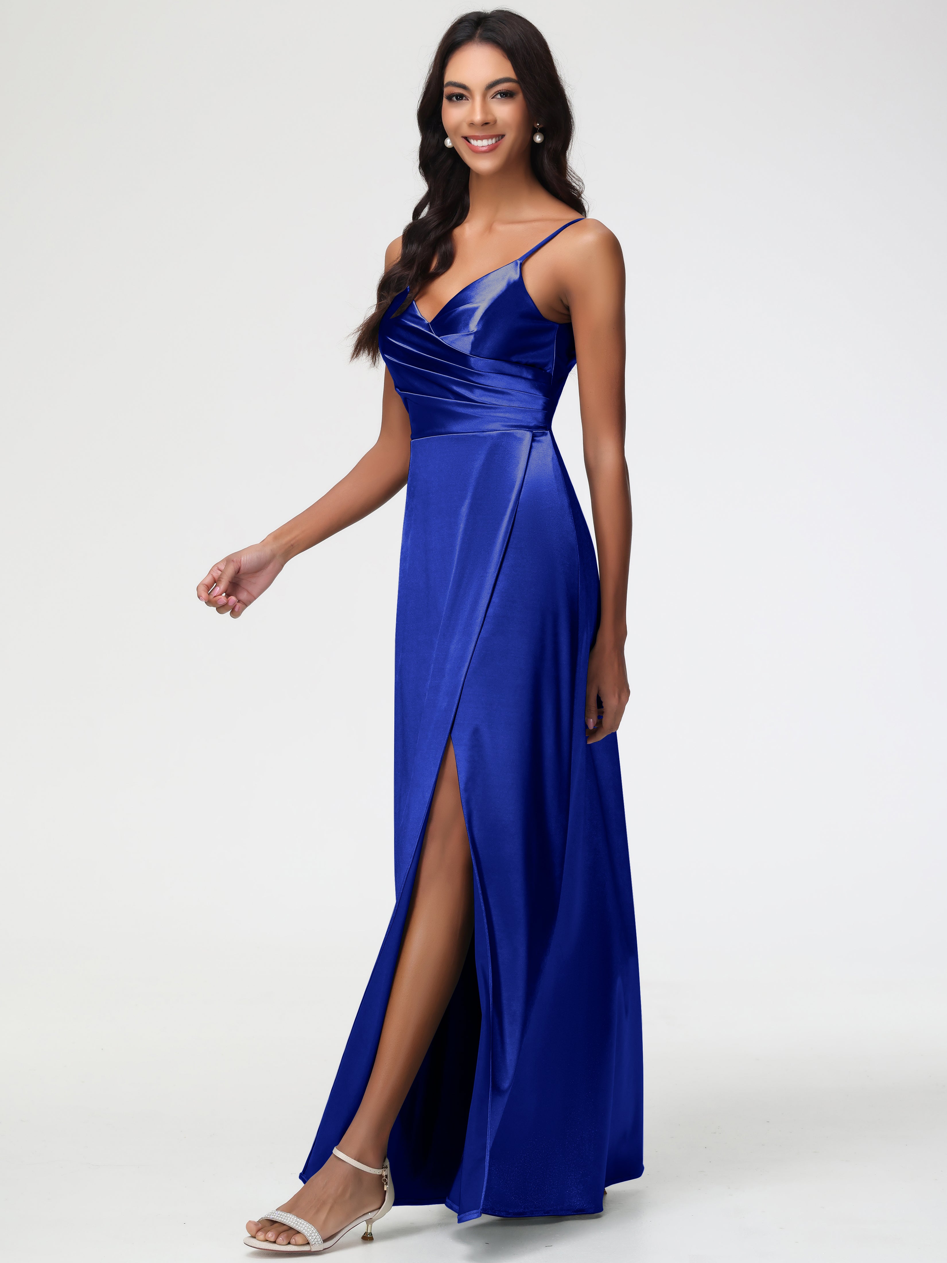 Bleu Royal Robe Demoiselle D Honneur Bleu Roi Col V Satin Extensible Fendue Robe De Demoiselle D'Honneur Longue Plissée
