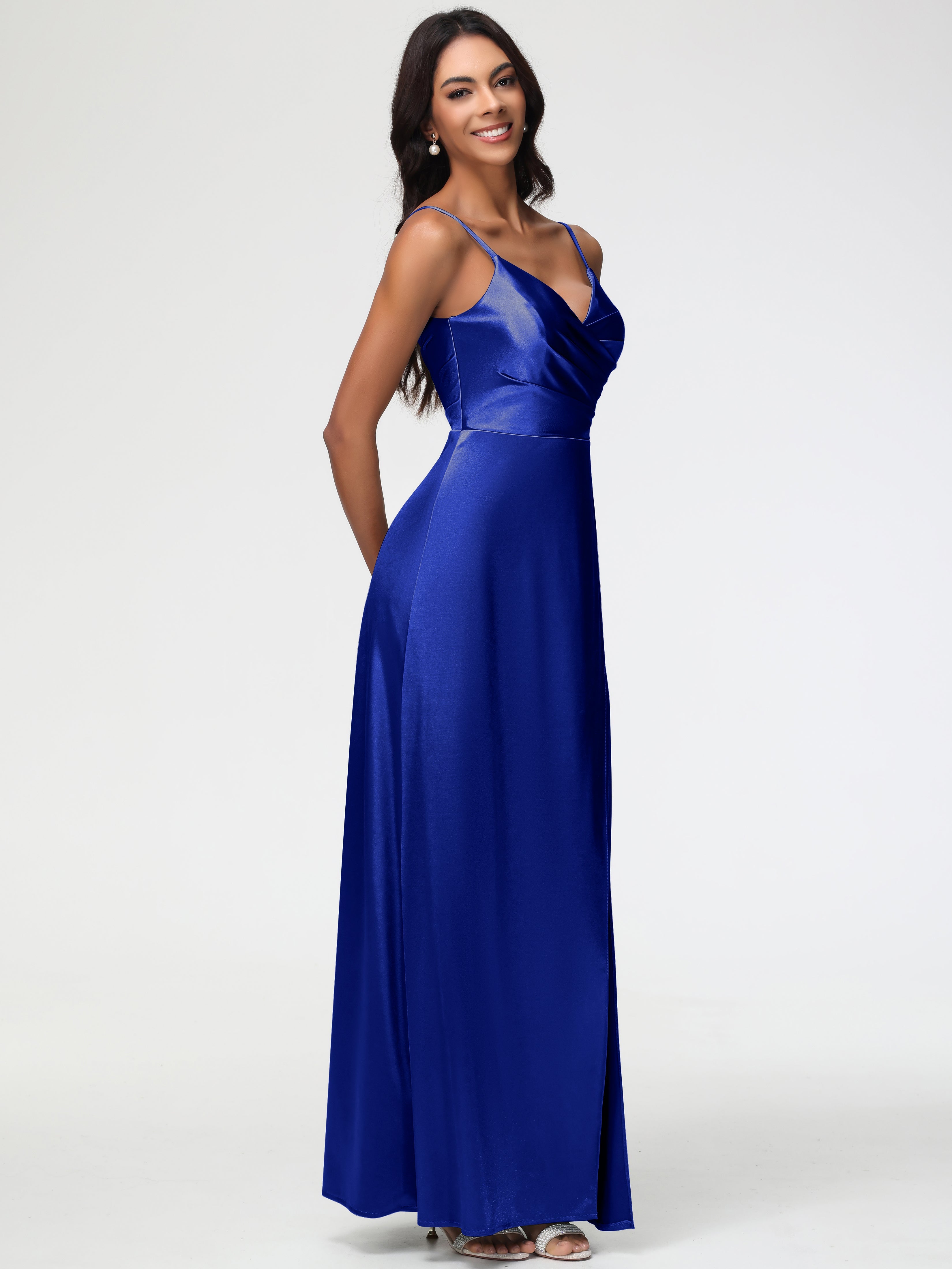 Bleu Royal Robe Demoiselle D Honneur Bleu Roi Col V Satin Extensible Fendue Robe De Demoiselle D'Honneur Longue Plissée