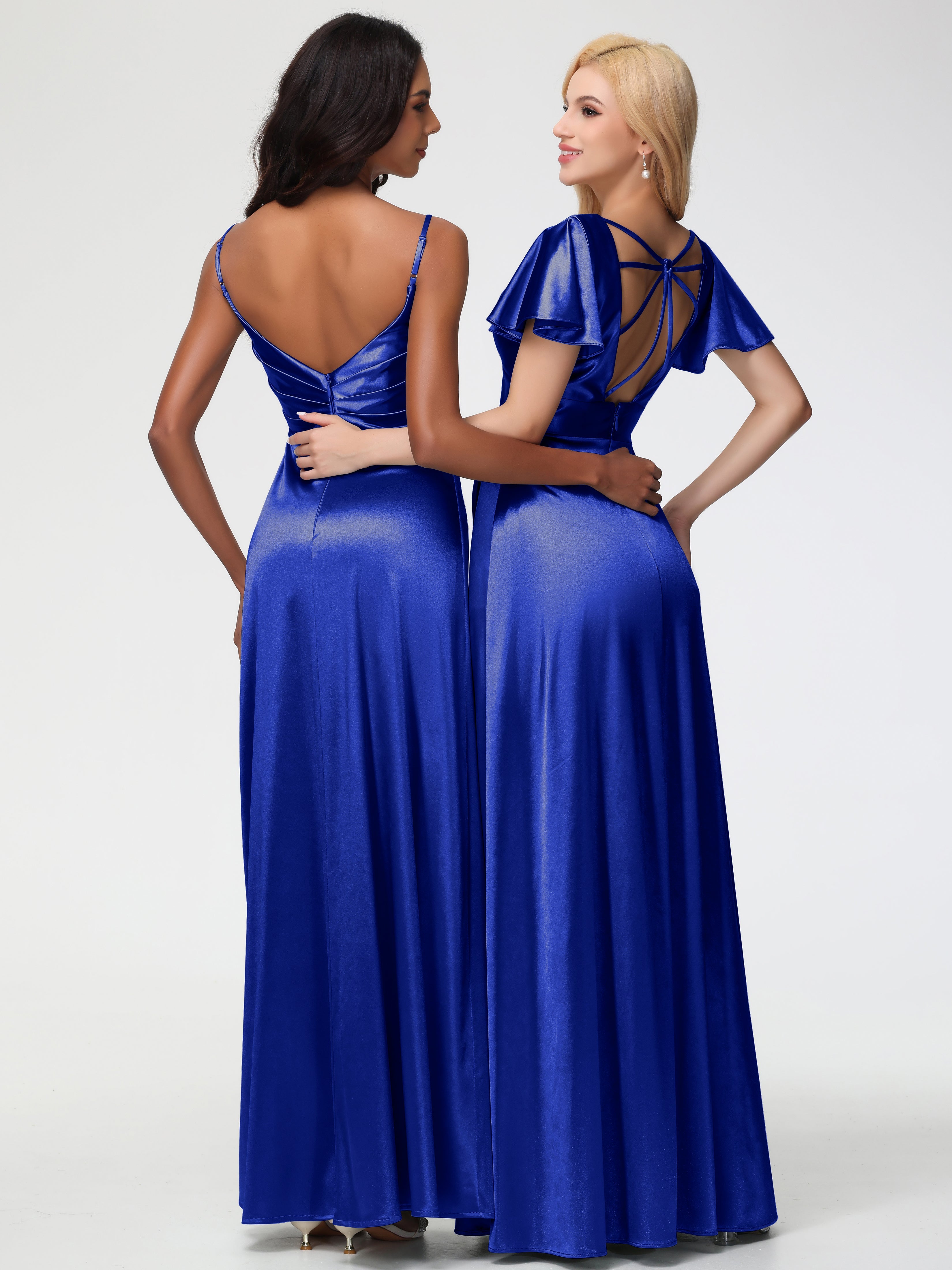 Bleu Royal Robe Demoiselle D Honneur Bleu Roi Col V Satin Extensible Fendue Robe De Demoiselle D'Honneur Longue Plissée