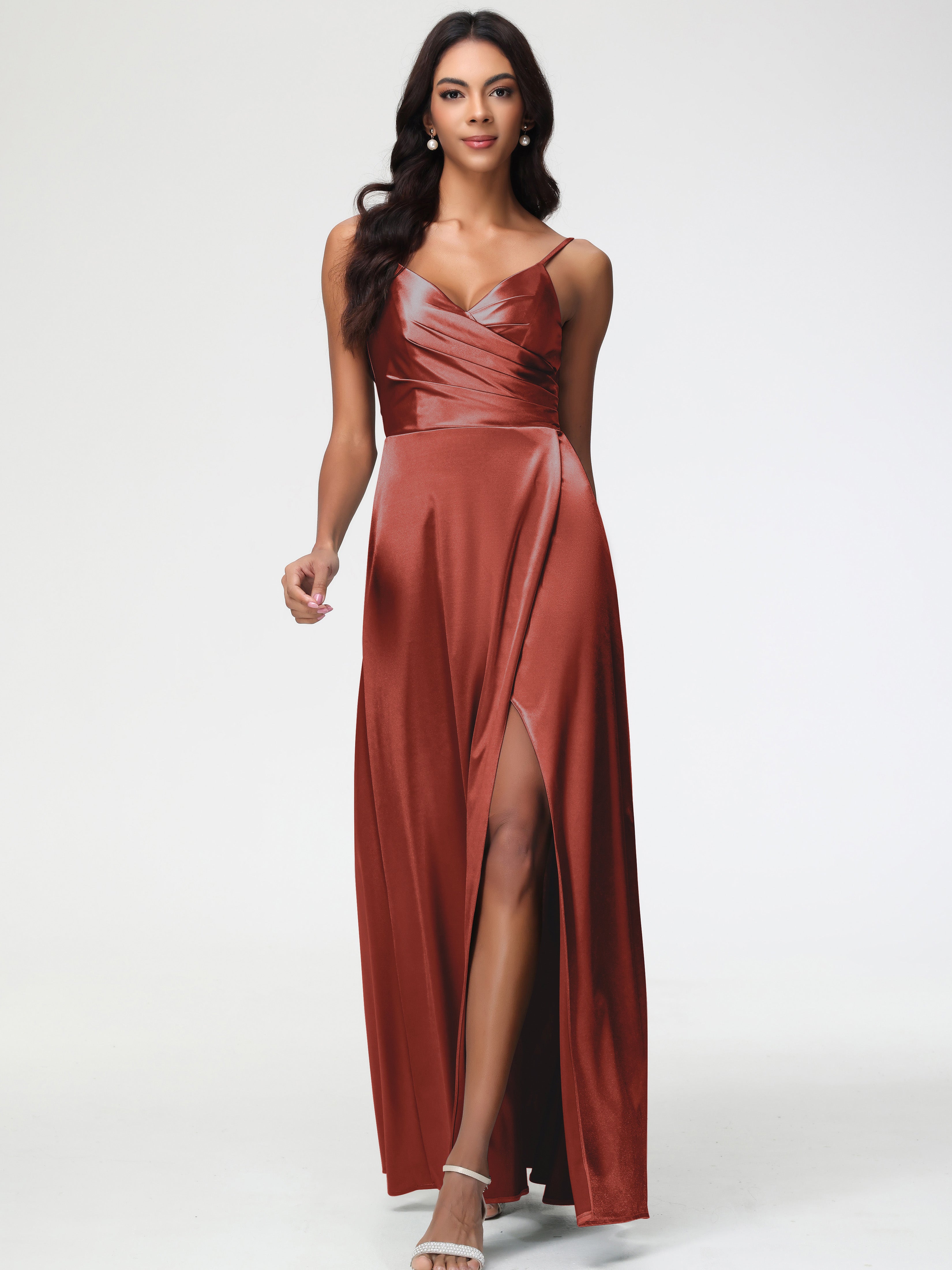 Robe Rouille Demoiselle D Honneur Col V Satin Extensible Fendue Robe De Demoiselle D'Honneur Longue Plissée