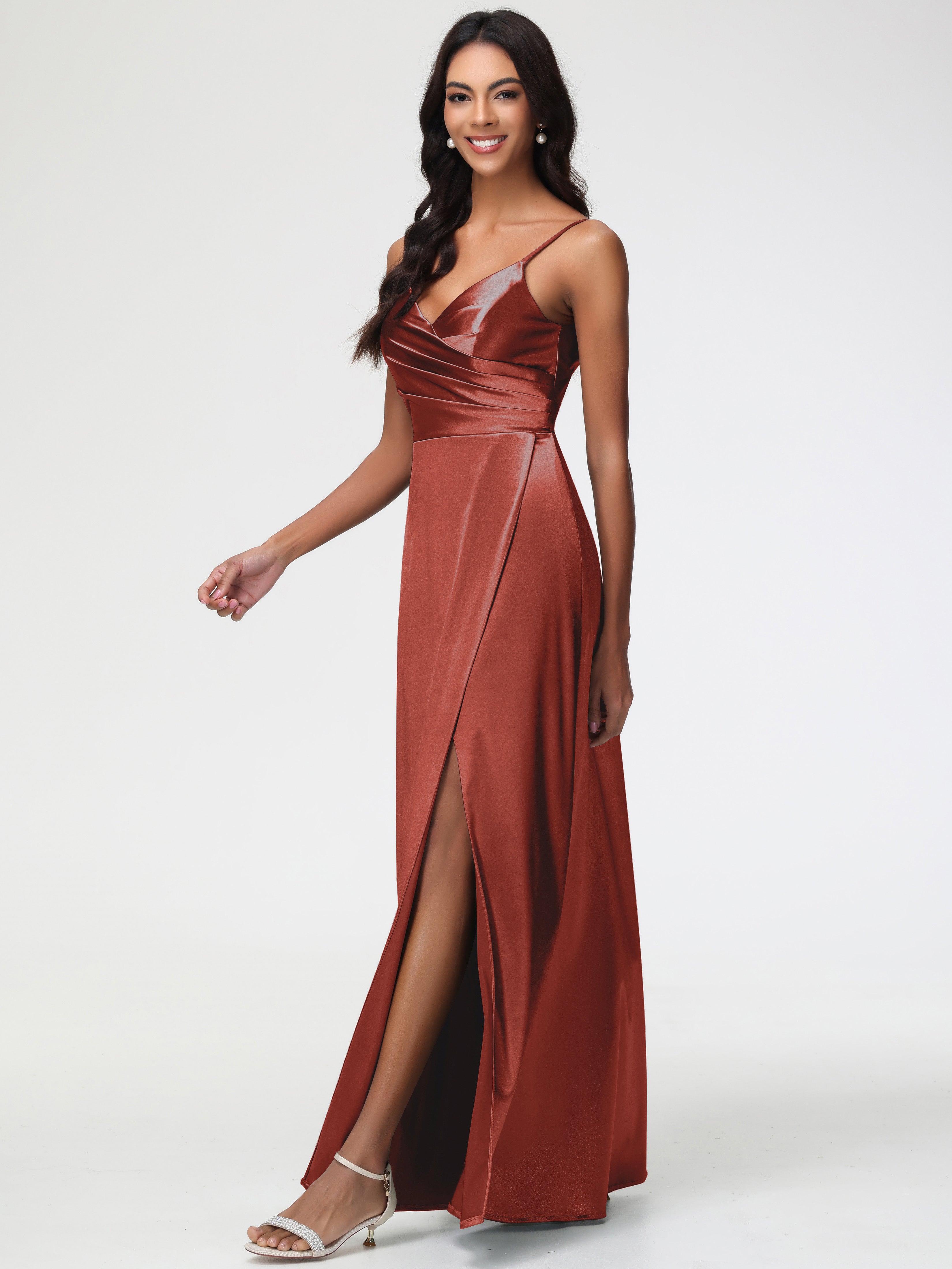 Robe Rouille Demoiselle D Honneur Col V Satin Extensible Fendue Robe De Demoiselle D'Honneur Longue Plissée