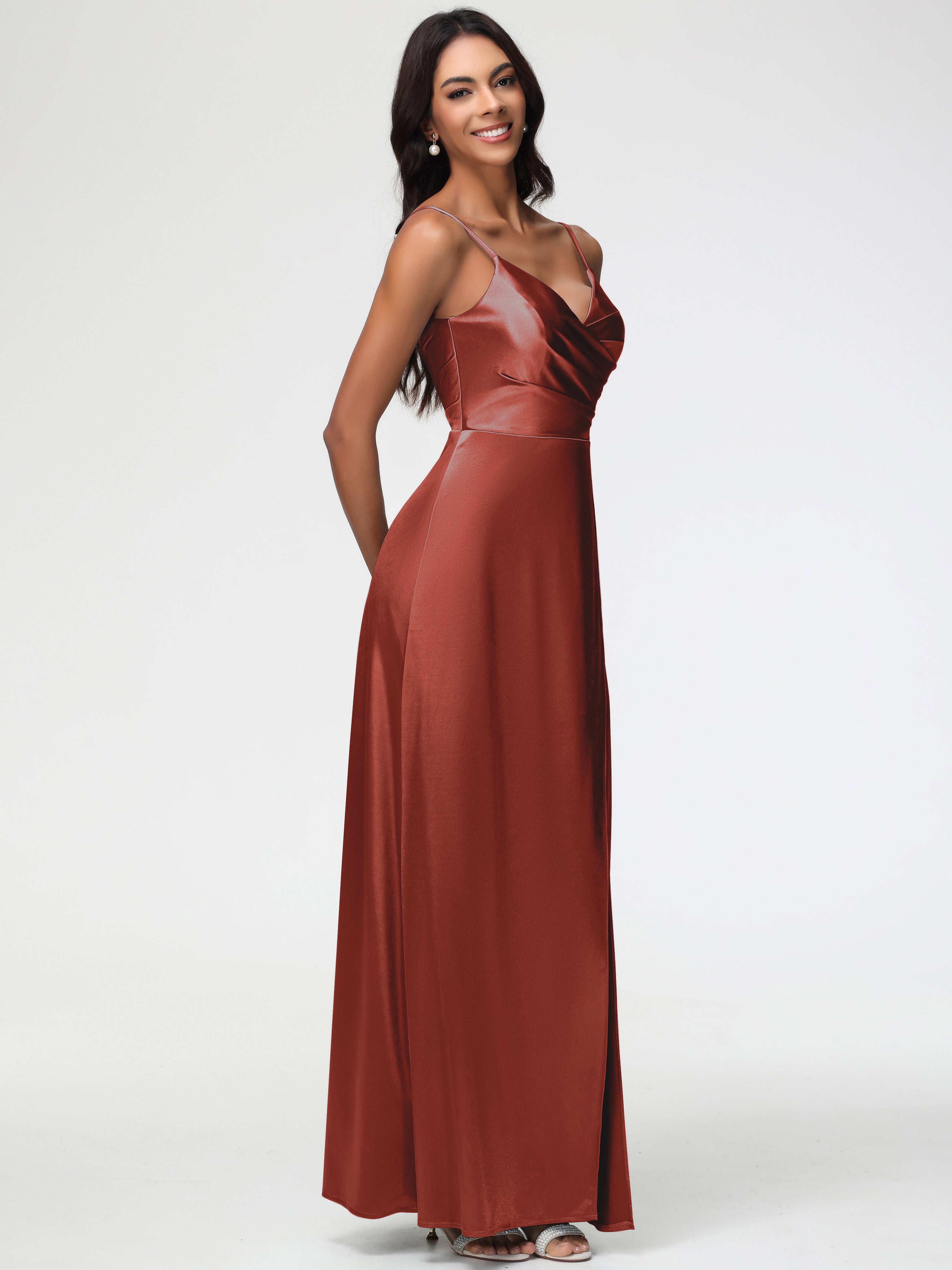 Robe Rouille Demoiselle D Honneur Col V Satin Extensible Fendue Robe De Demoiselle D'Honneur Longue Plissée