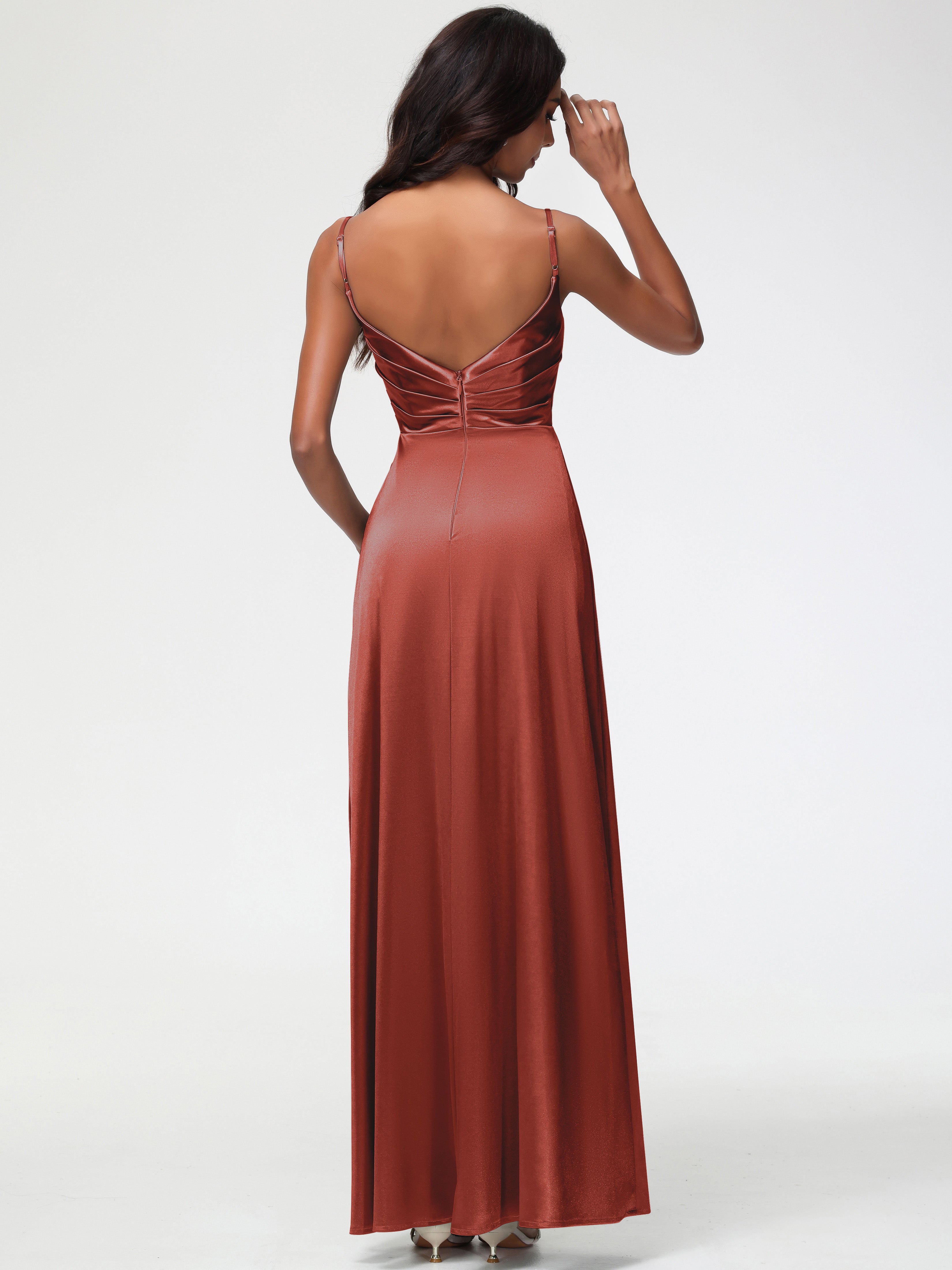 Robe Rouille Demoiselle D Honneur Col V Satin Extensible Fendue Robe De Demoiselle D'Honneur Longue Plissée