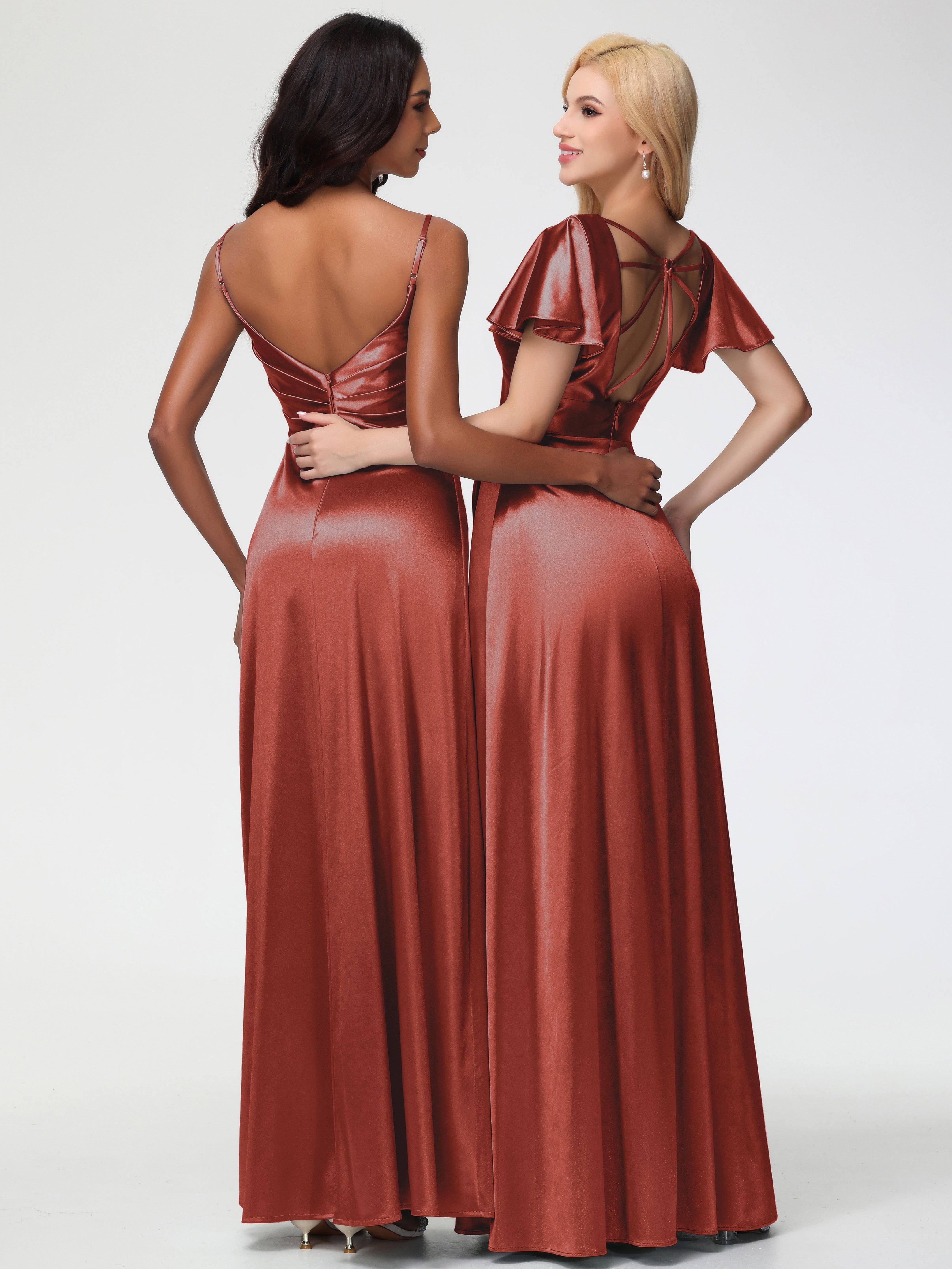 Robe Rouille Demoiselle D Honneur Col V Satin Extensible Fendue Robe De Demoiselle D'Honneur Longue Plissée
