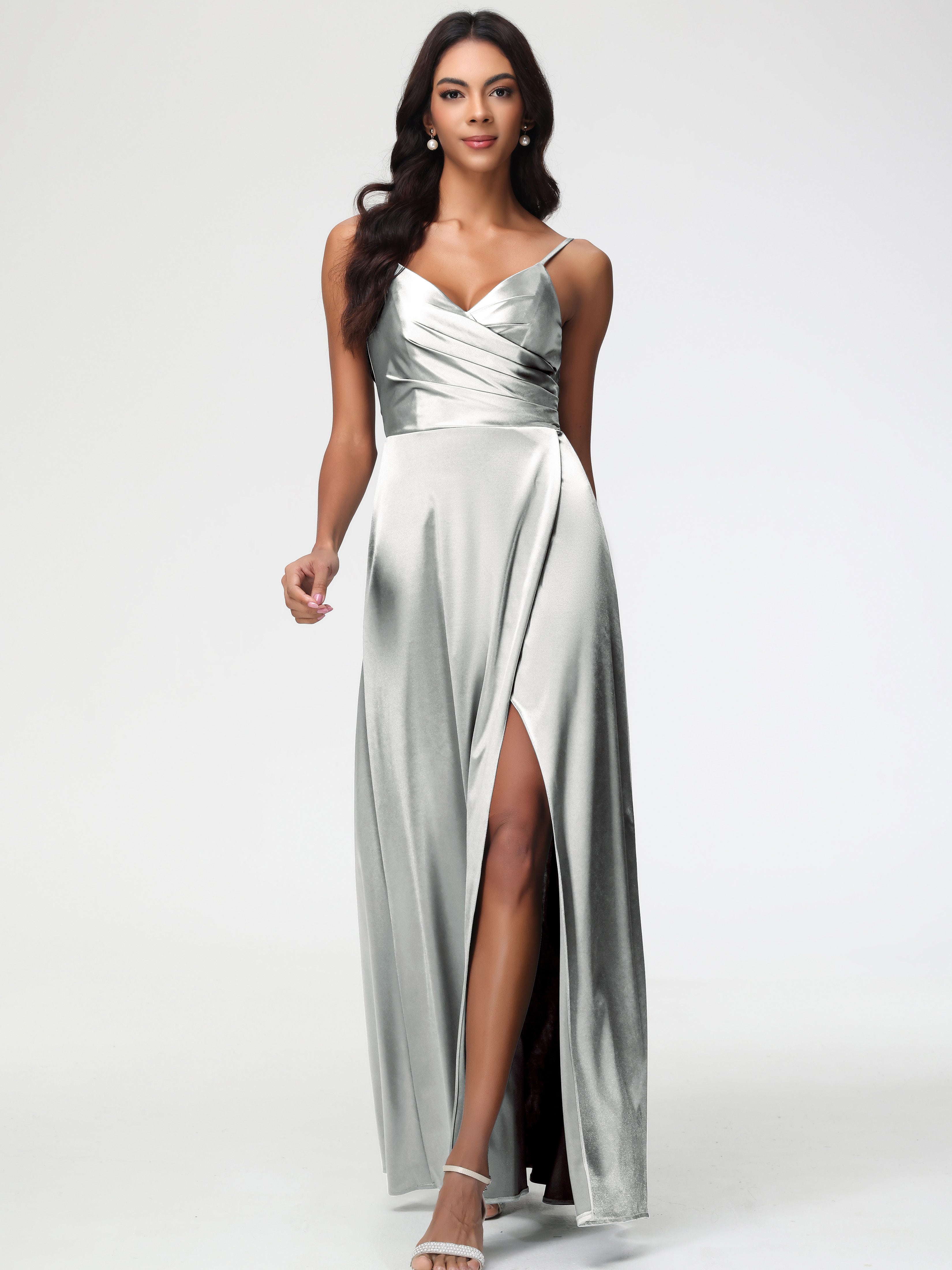 Robe Demoiselle D Honneur Argent Col V Satin Extensible Fendue Robe De Demoiselle D'Honneur Longue Plissée