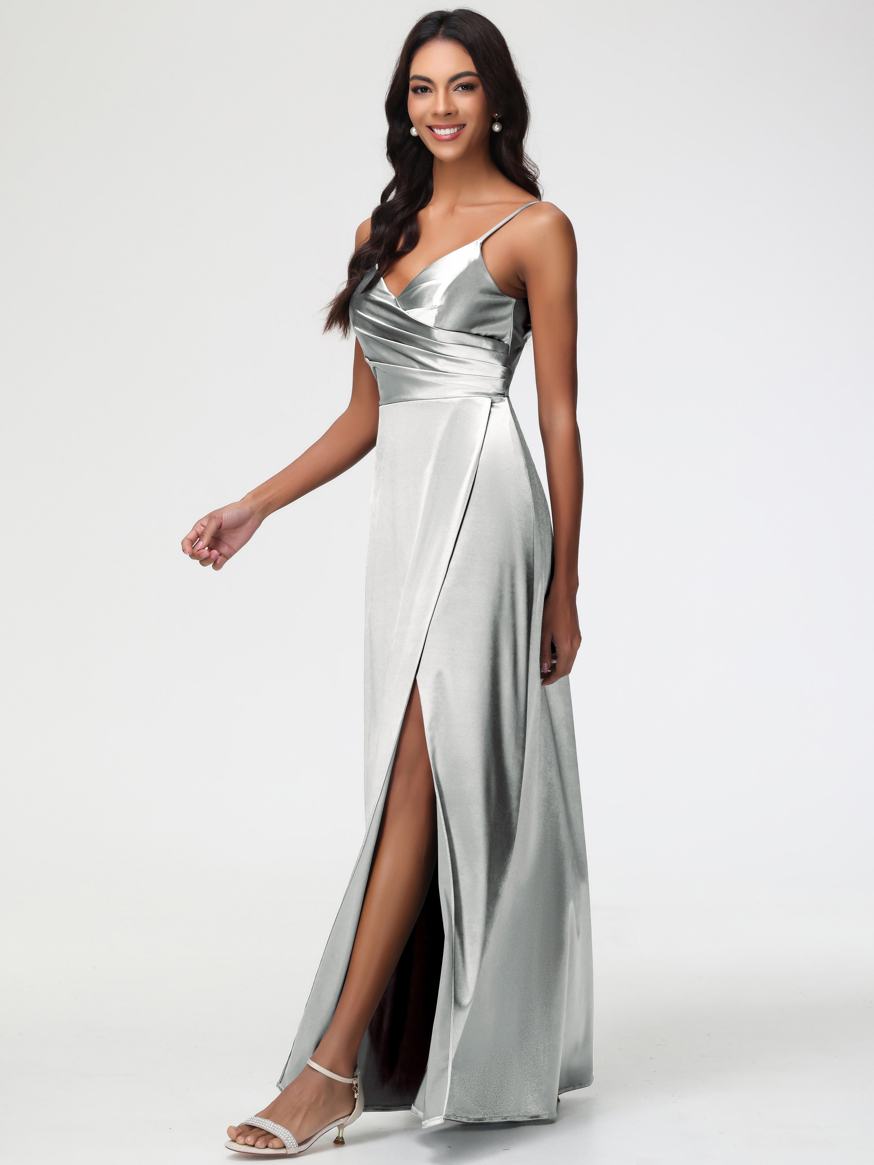 Robe Demoiselle D Honneur Argent Col V Satin Extensible Fendue Robe De Demoiselle D'Honneur Longue Plissée