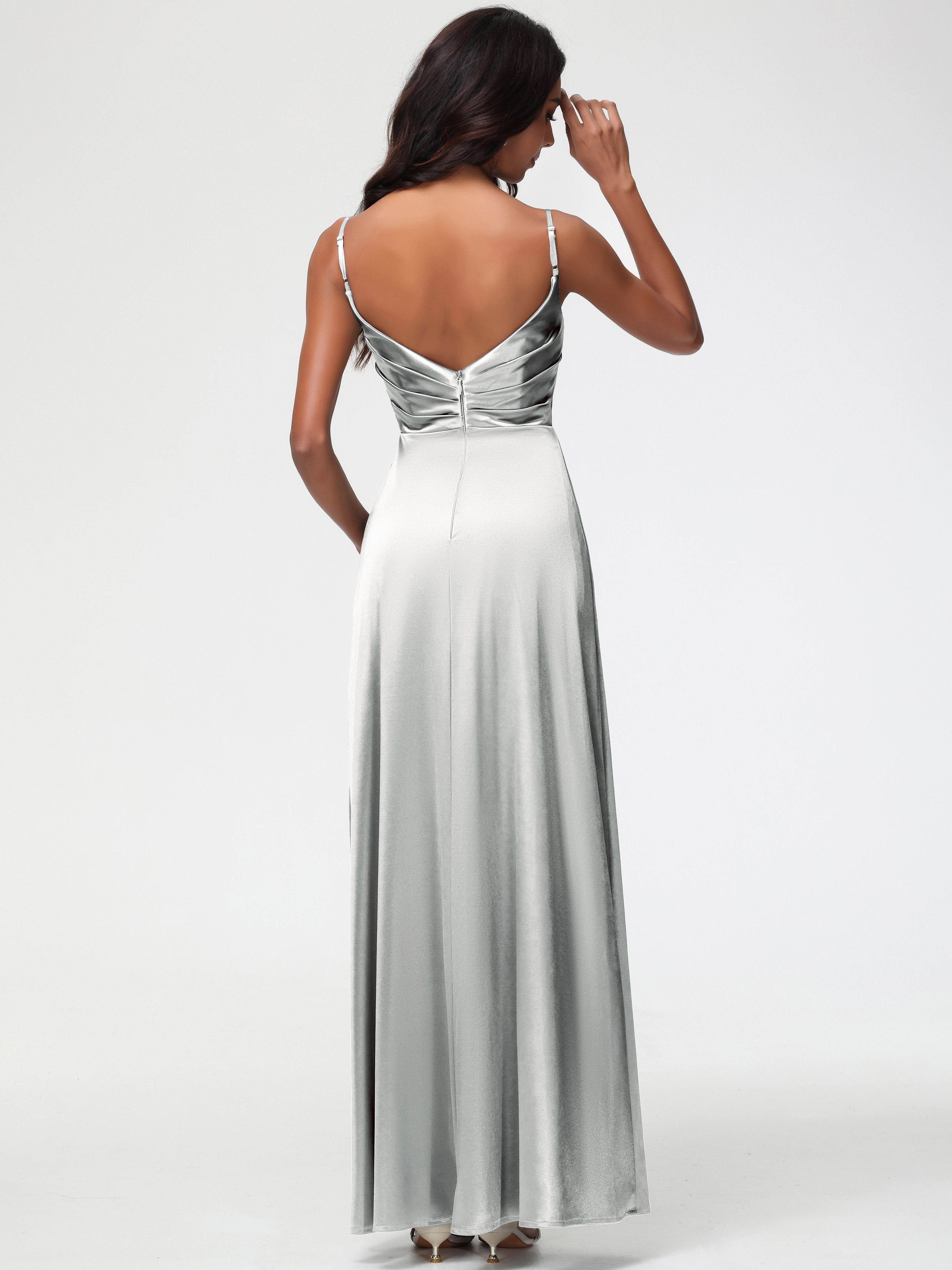 Robe Demoiselle D Honneur Argent Col V Satin Extensible Fendue Robe De Demoiselle D'Honneur Longue Plissée