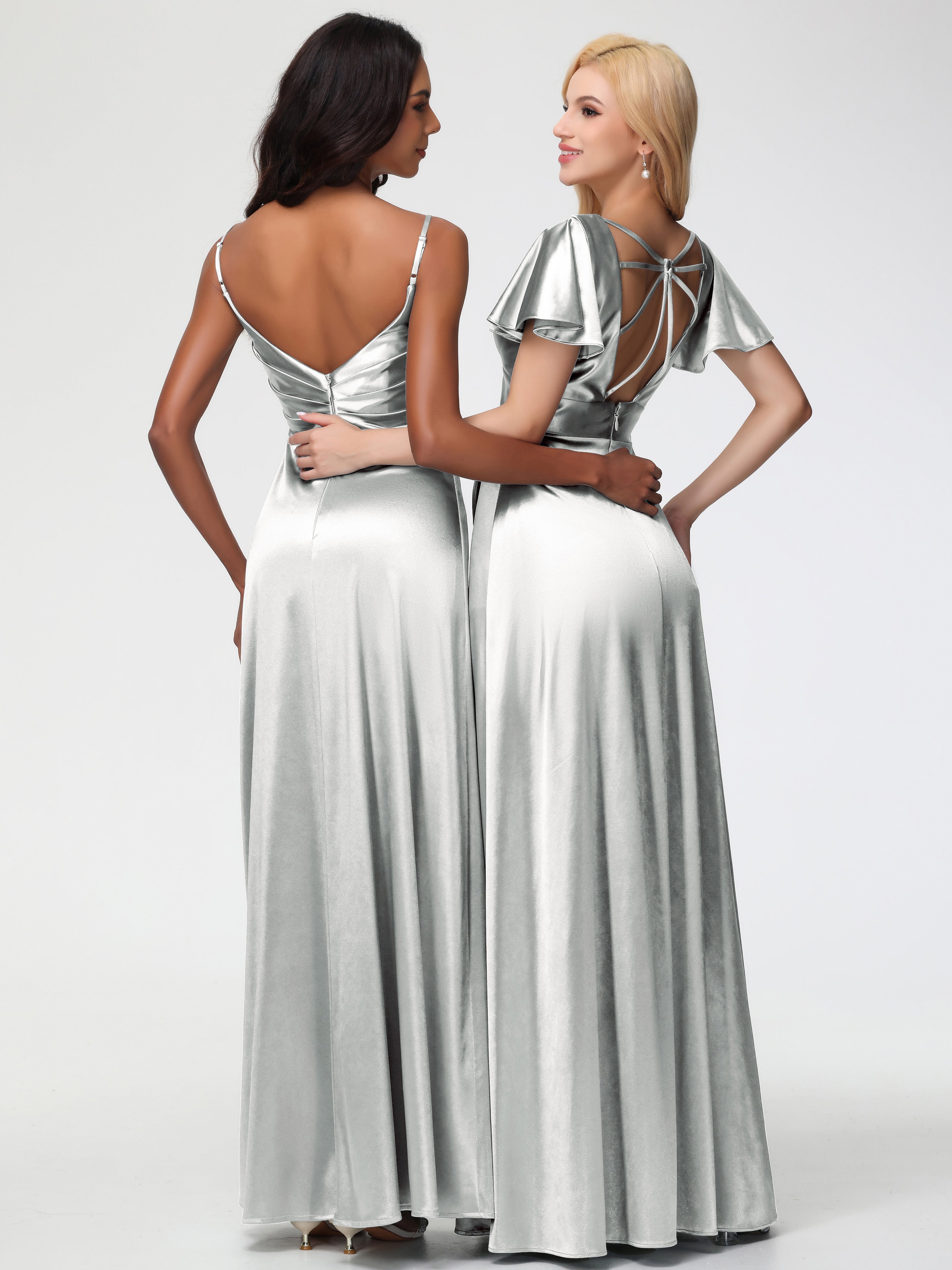 Robe Demoiselle D Honneur Argent Col V Satin Extensible Fendue Robe De Demoiselle D'Honneur Longue Plissée