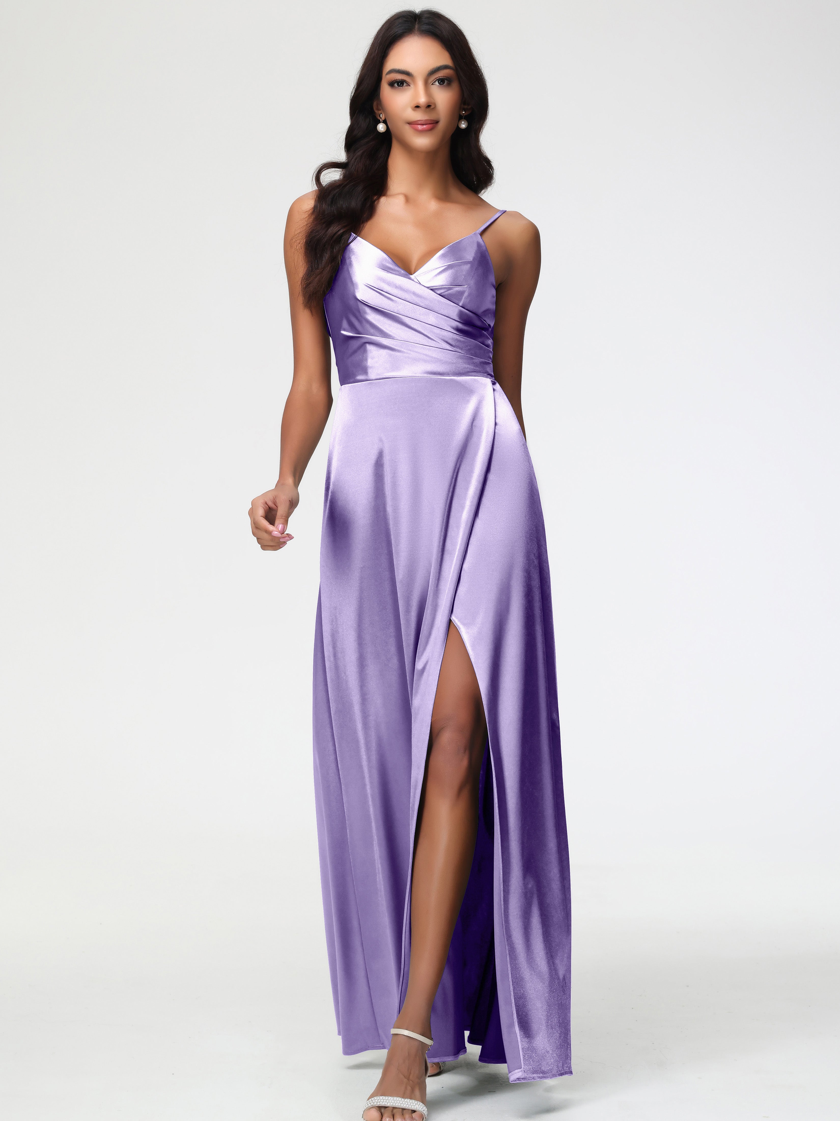 Robes De Demoiselle D'Honneur Tahiti Col V Satin Extensible Fendue Robe De Demoiselle D'Honneur Longue Plissée