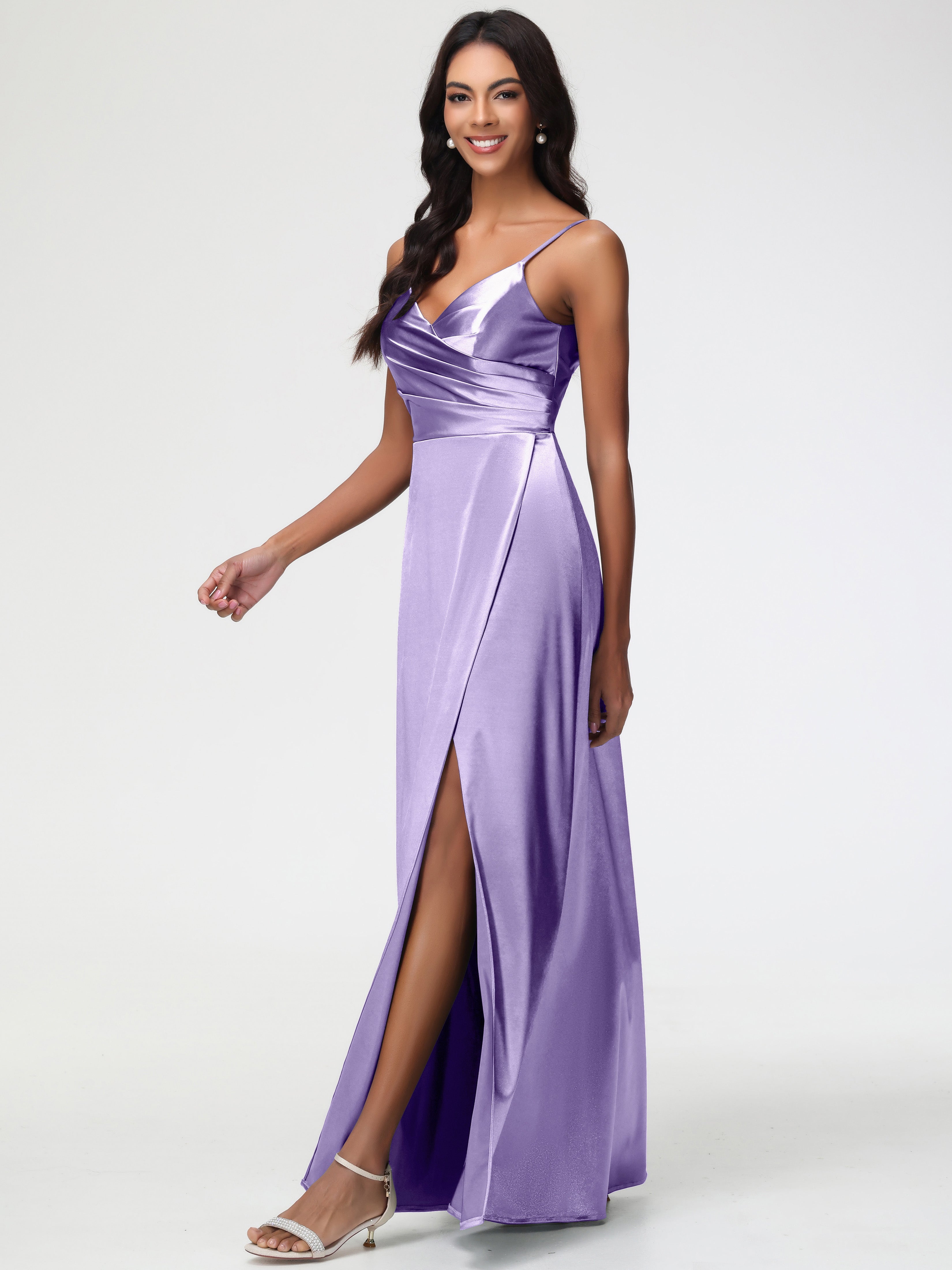 Robes De Demoiselle D'Honneur Tahiti Col V Satin Extensible Fendue Robe De Demoiselle D'Honneur Longue Plissée