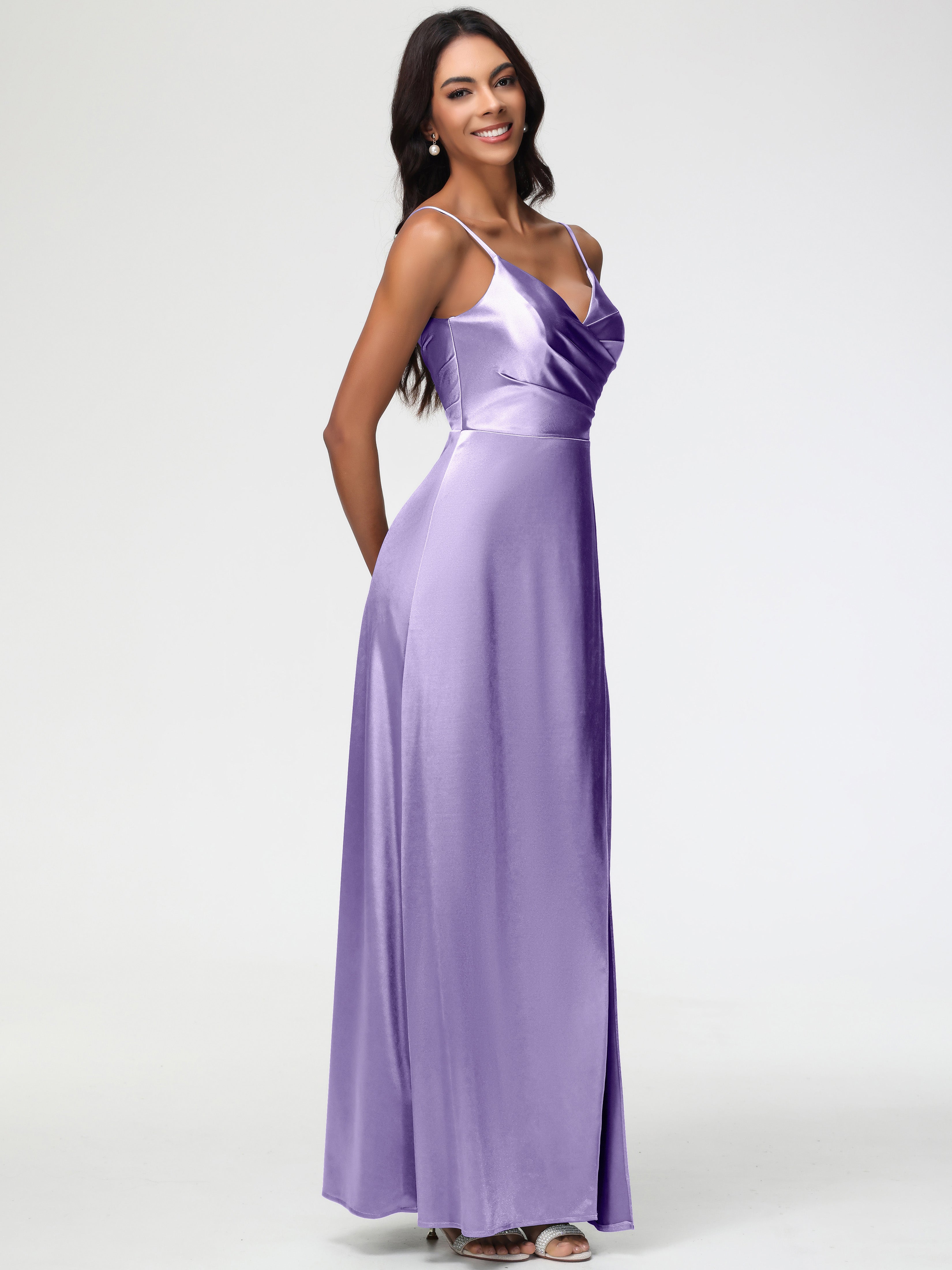 Robes De Demoiselle D'Honneur Tahiti Col V Satin Extensible Fendue Robe De Demoiselle D'Honneur Longue Plissée