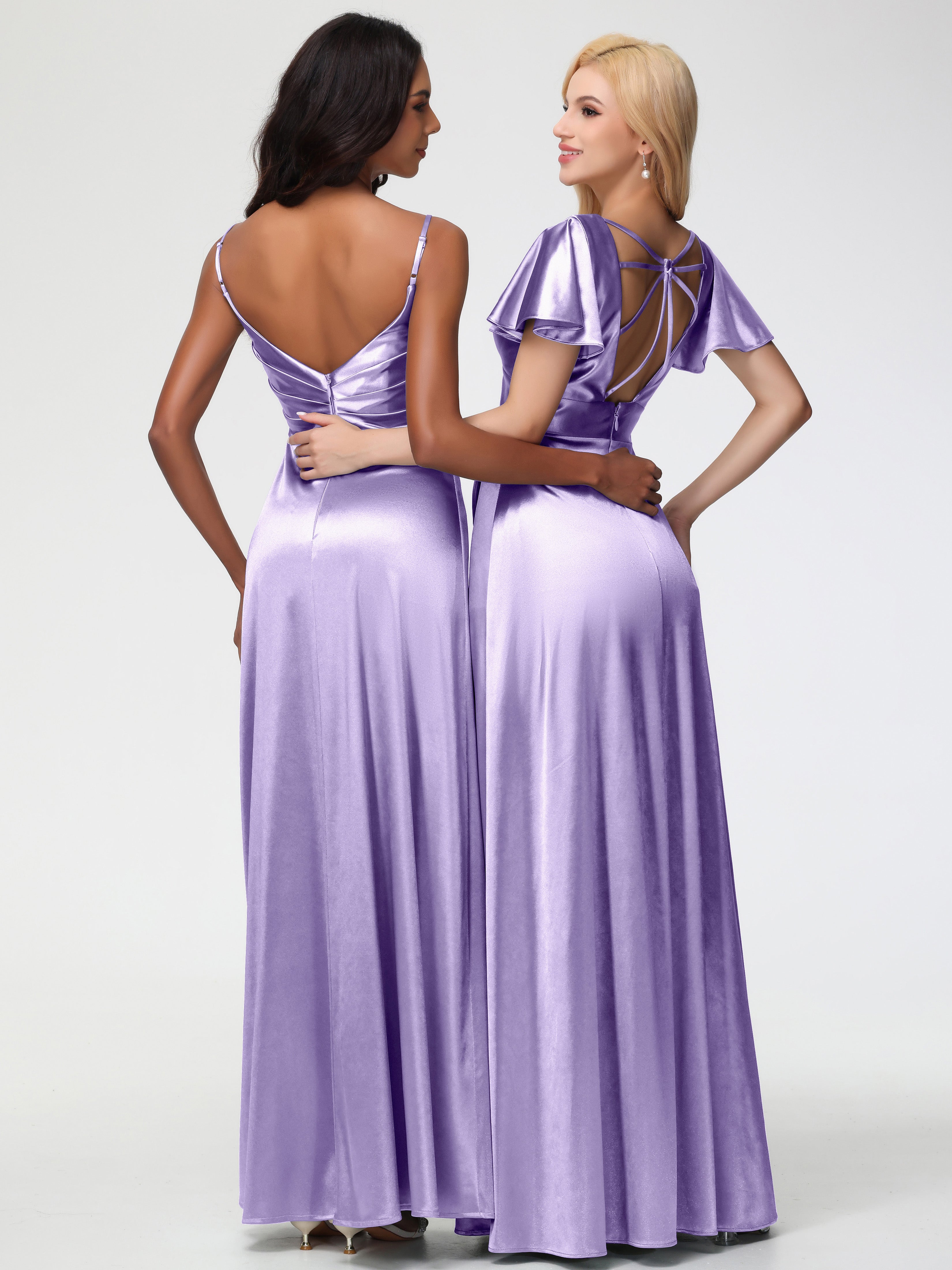 Robes De Demoiselle D'Honneur Tahiti Col V Satin Extensible Fendue Robe De Demoiselle D'Honneur Longue Plissée