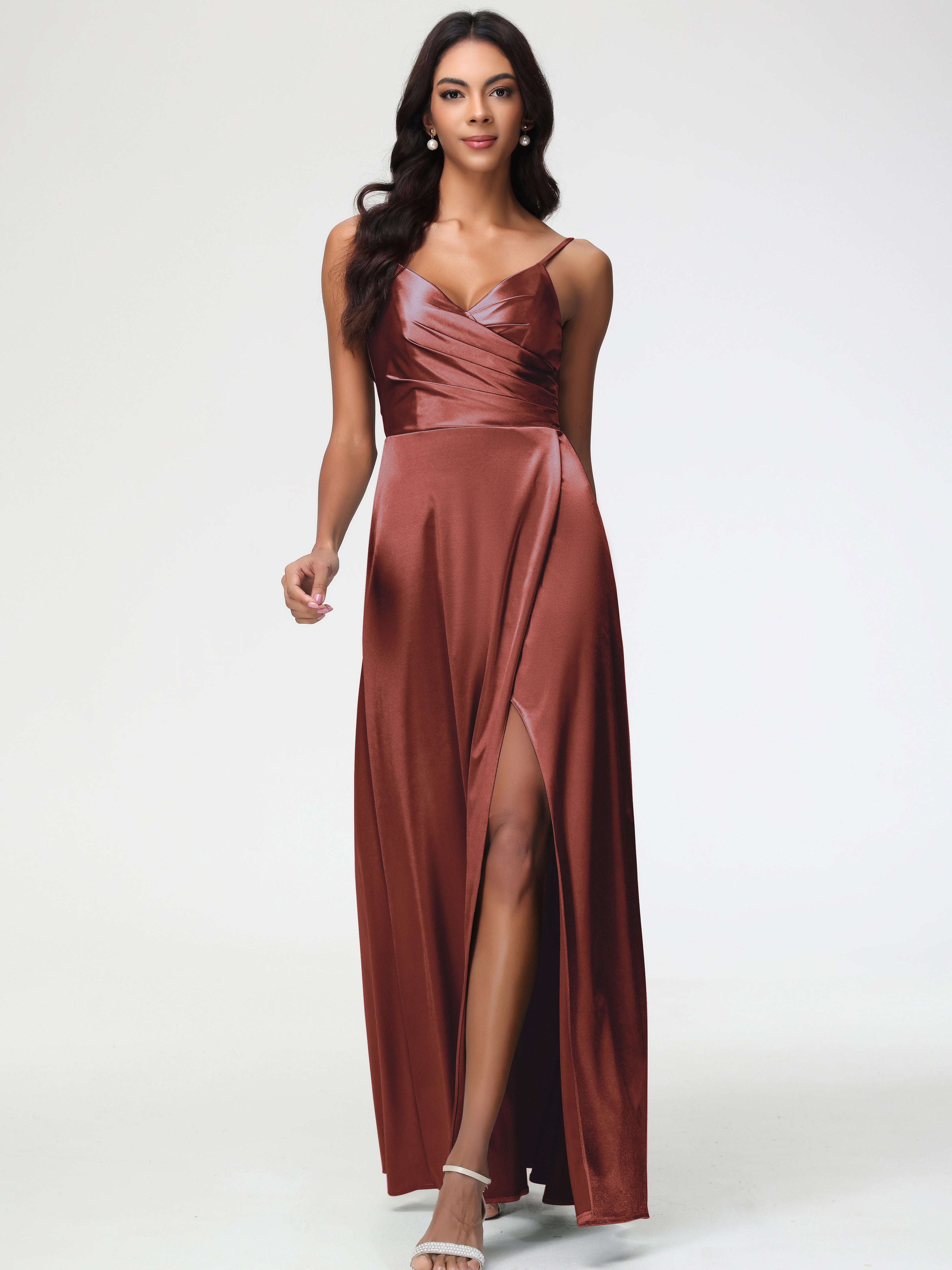 Robe Demoiselle D Honneur Terracotta Col V Satin Extensible Fendue Robe De Demoiselle D'Honneur Longue Plissée