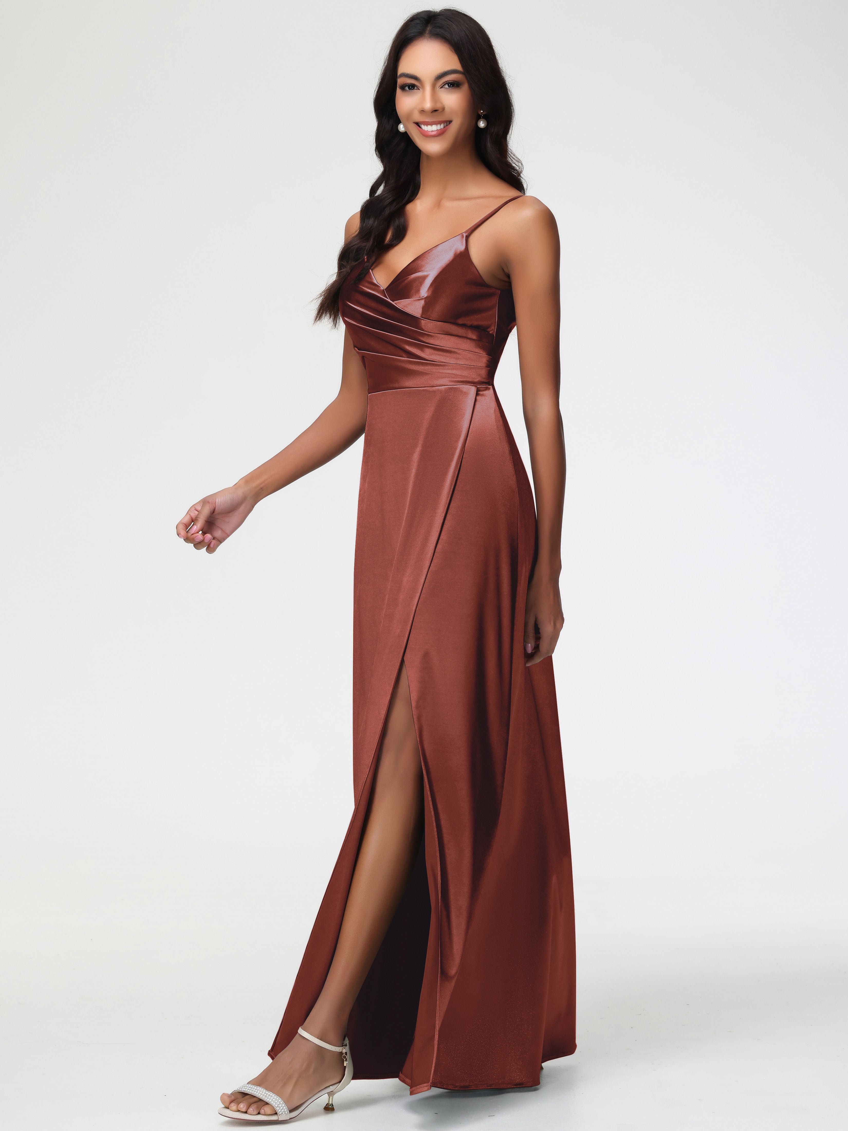 Robe Demoiselle D Honneur Terracotta Col V Satin Extensible Fendue Robe De Demoiselle D'Honneur Longue Plissée
