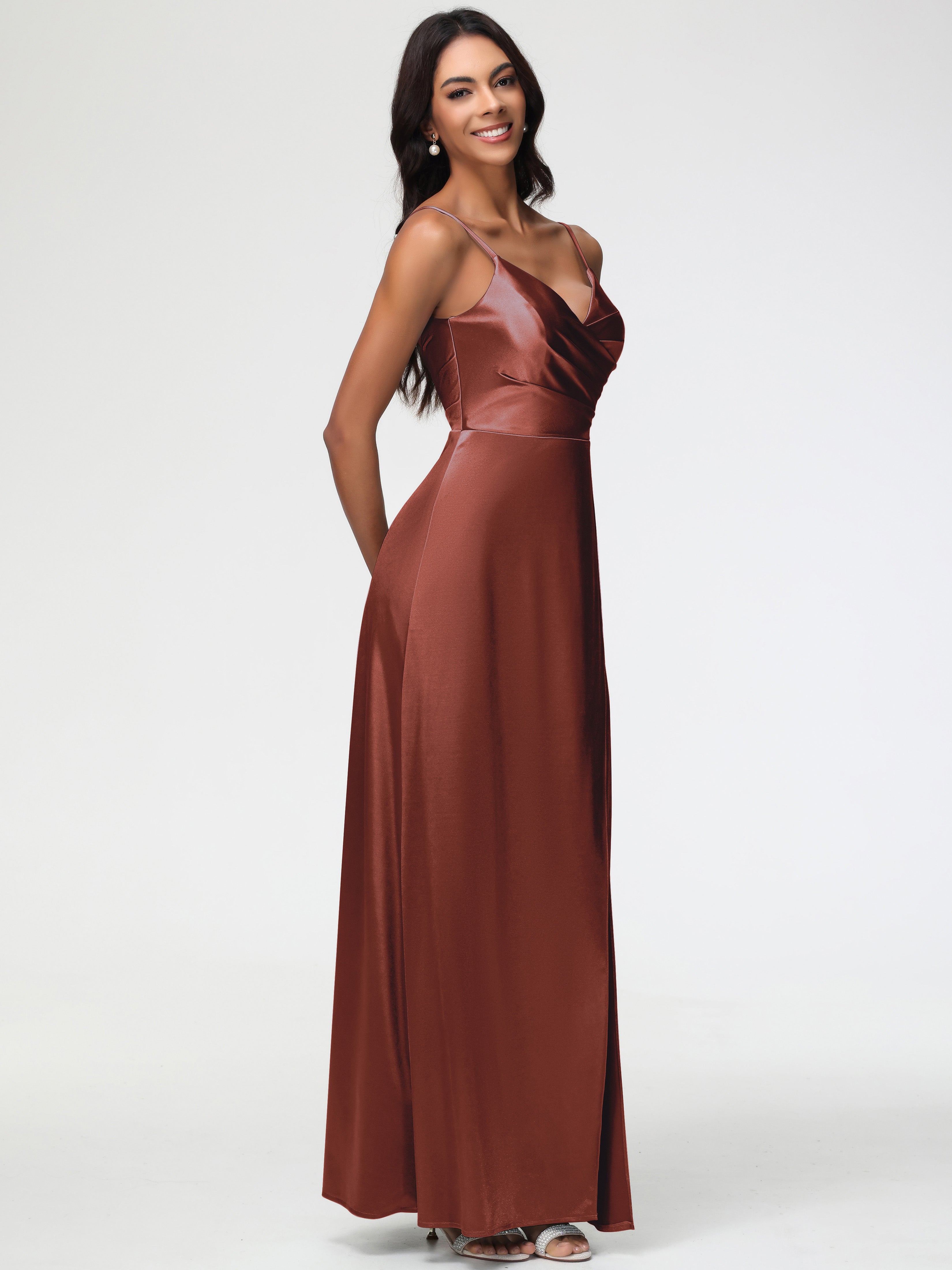 Robe Demoiselle D Honneur Terracotta Col V Satin Extensible Fendue Robe De Demoiselle D'Honneur Longue Plissée