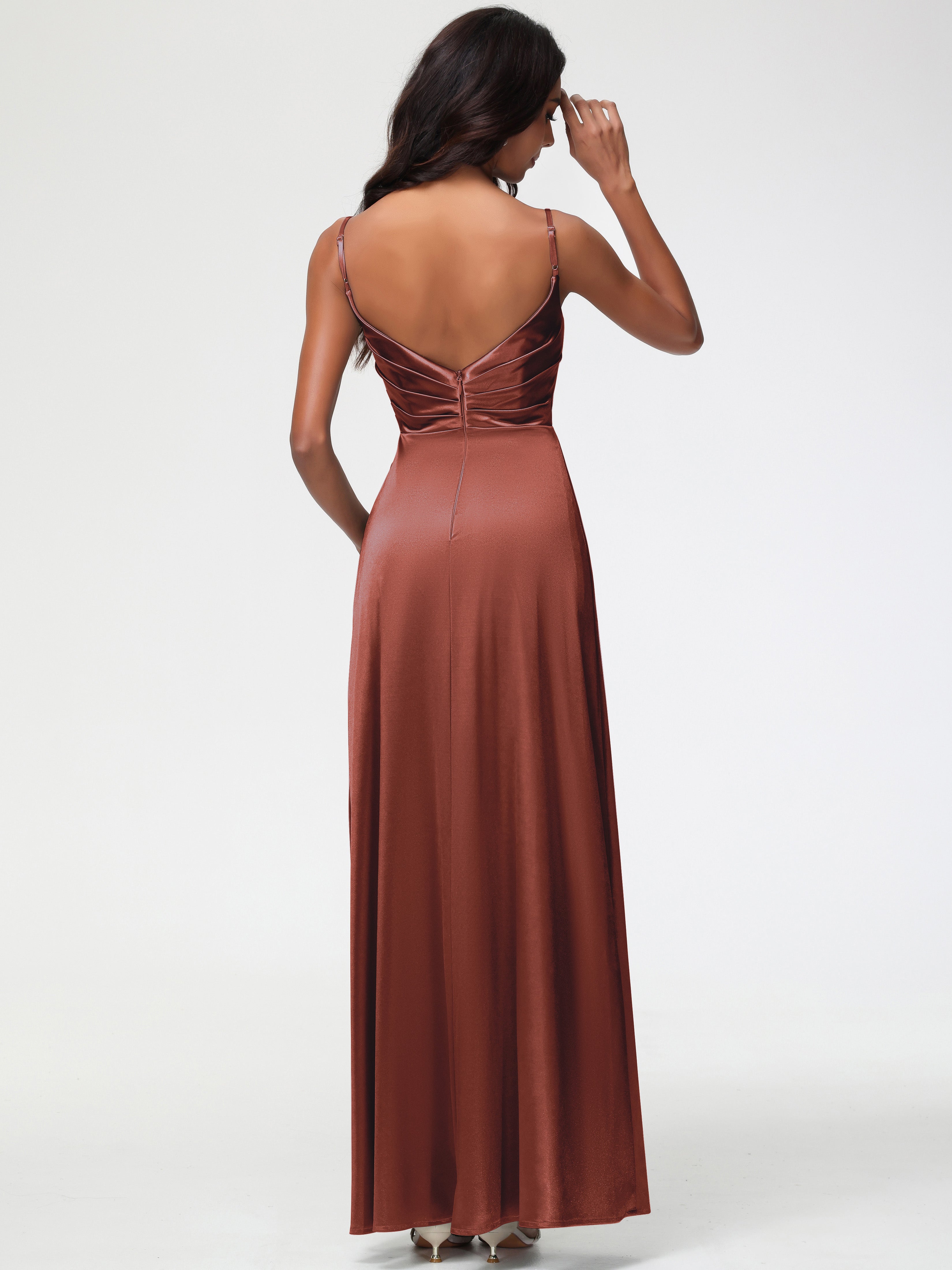 Robe Demoiselle D Honneur Terracotta Col V Satin Extensible Fendue Robe De Demoiselle D'Honneur Longue Plissée