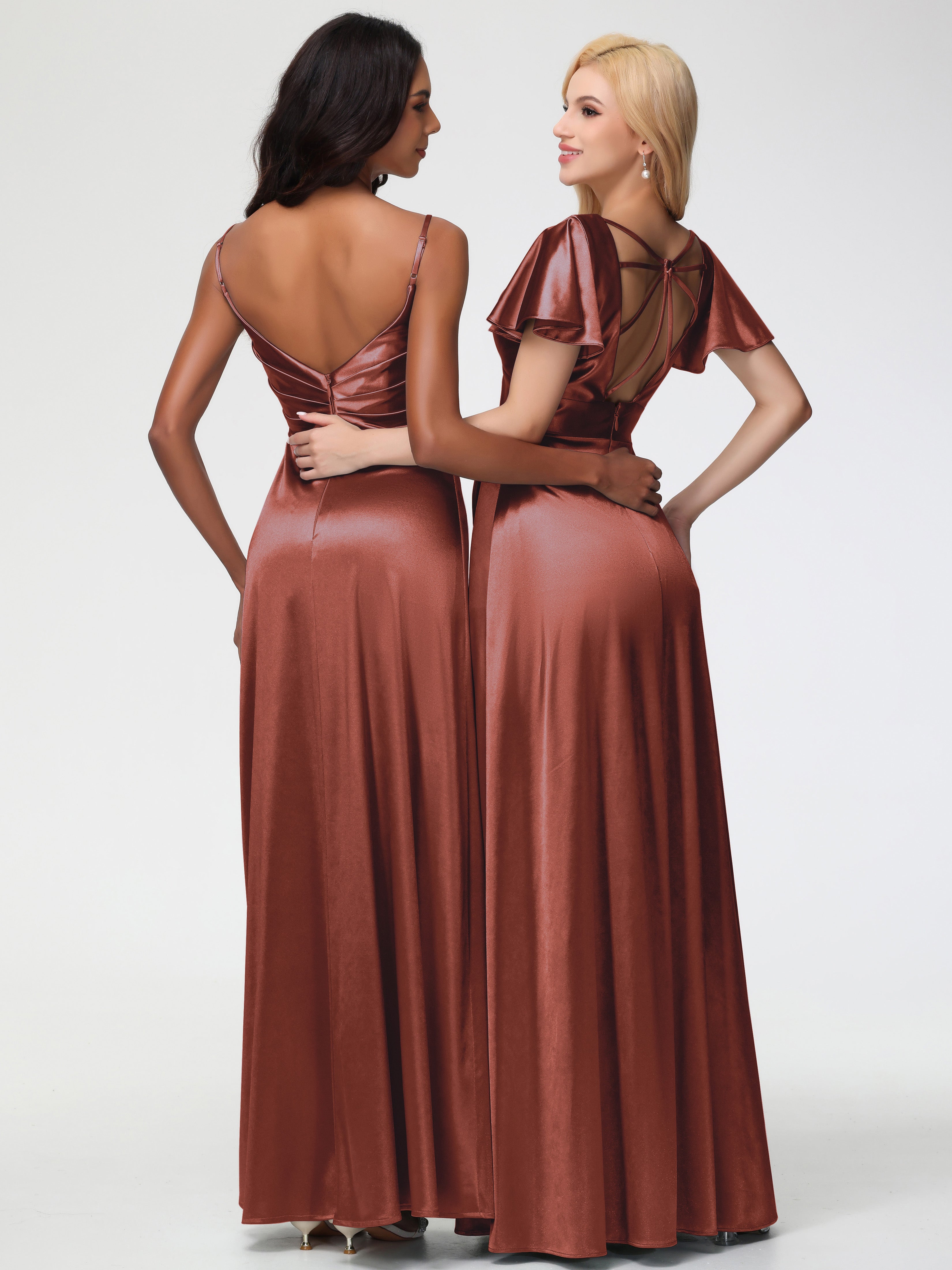 Robe Demoiselle D Honneur Terracotta Col V Satin Extensible Fendue Robe De Demoiselle D'Honneur Longue Plissée