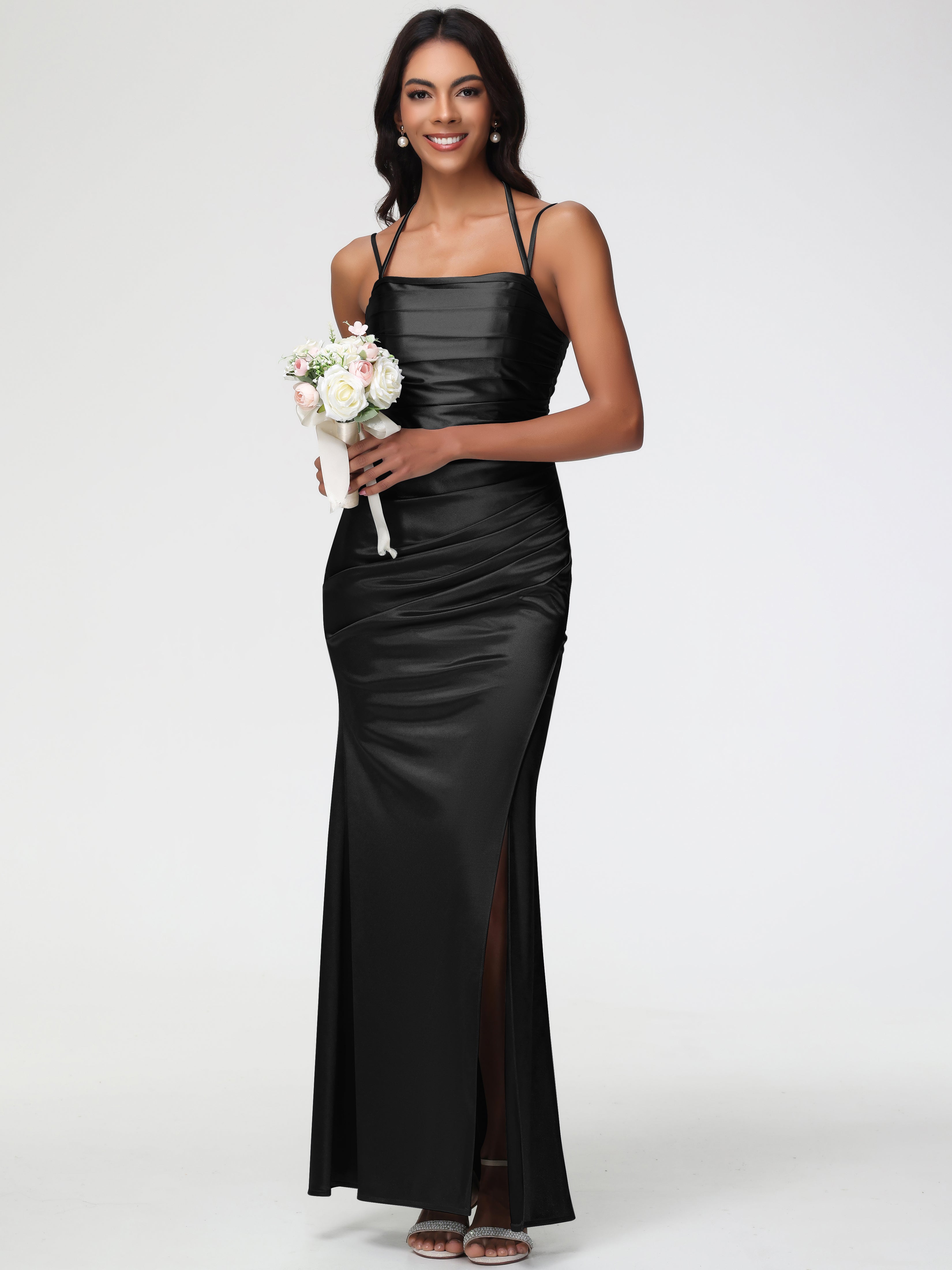 Robe Demoiselle D Honneur Noir Col Bénitier Satin Extensible Fendue Robe De Demoiselle D'Honneur À Fines Bretelles
