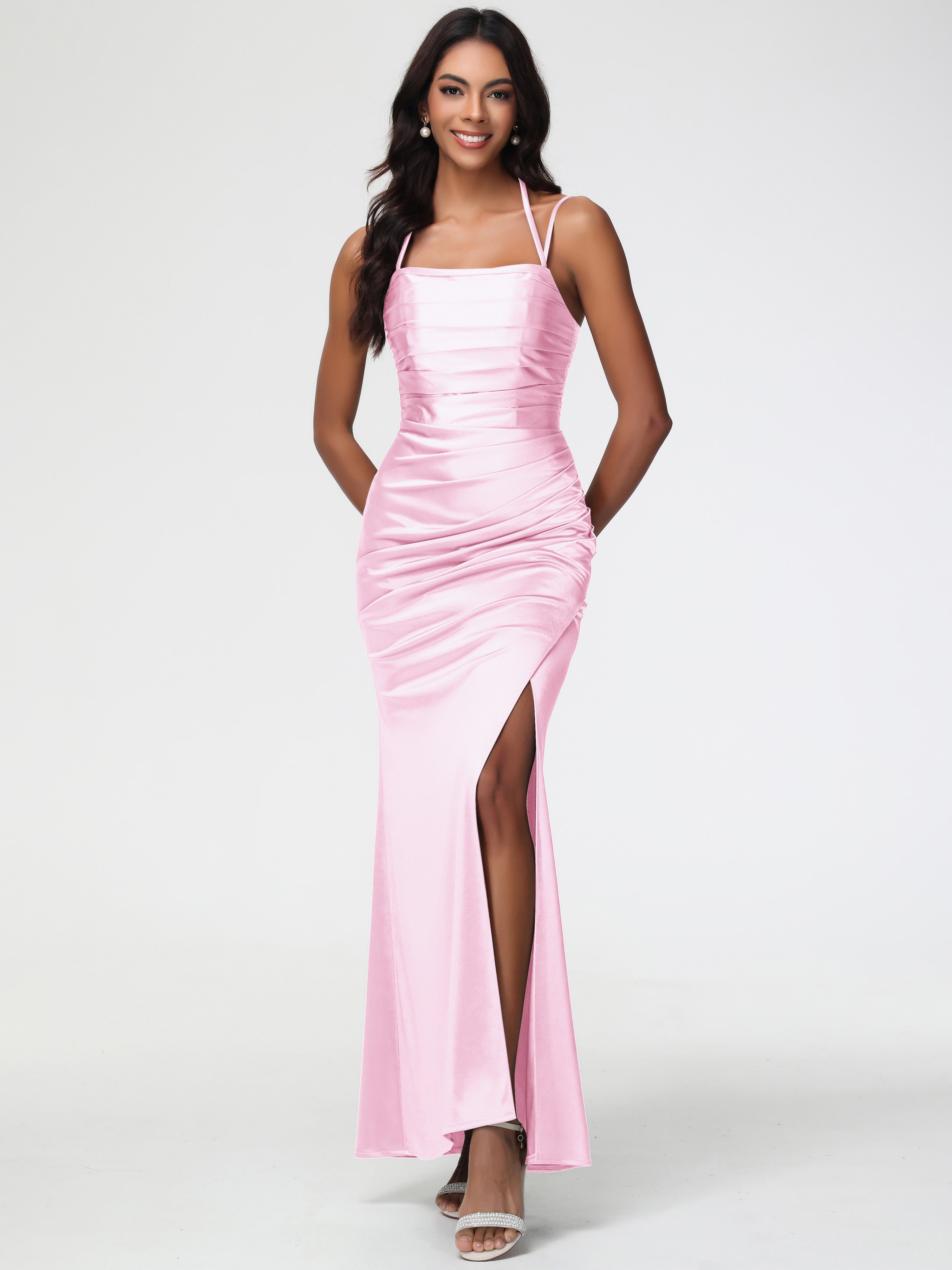 Robe De Demoiselle D Honneur Rose Pale Col Bénitier Satin Extensible Fendue Robe De Demoiselle D'Honneur À Fines Bretelles